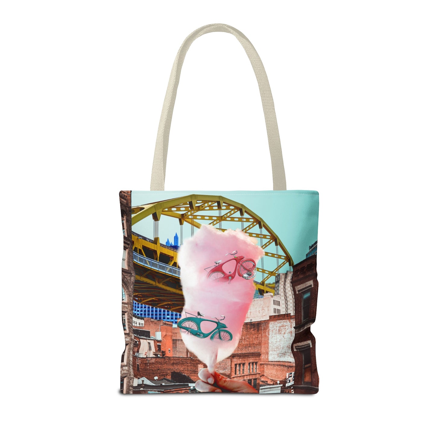 Sweet Ride Pittsburgh Landscape Tote Bag with Cotton Candy and Vintage Bicycles