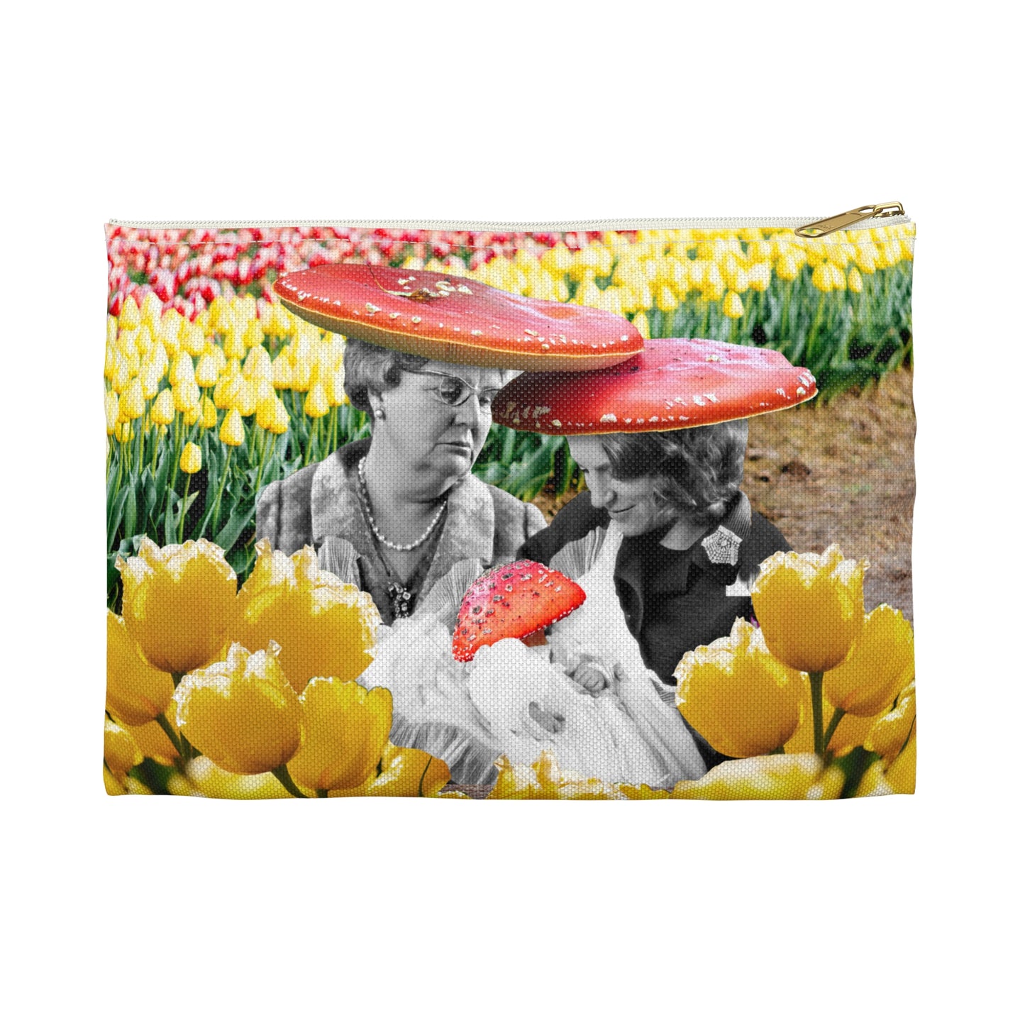 Happy Mushroom Family Accessory Pouch - Surreal Collage Art "Nana's Little Mushroom" in a Field of Tulips