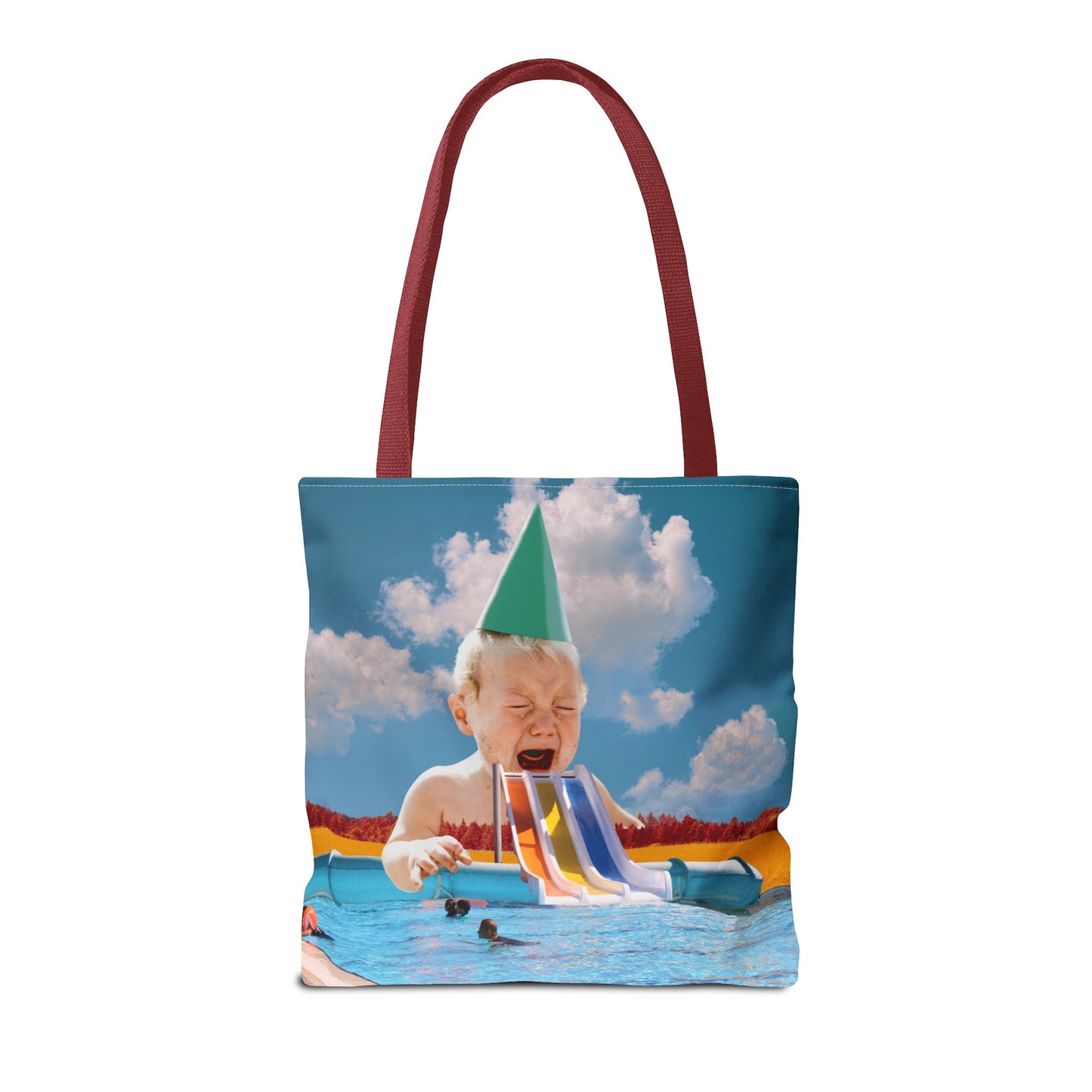 Vibrant Pool Party Beach Tote Bag - Surreal Art Print - Giant Baby and Colorful Pool Slide