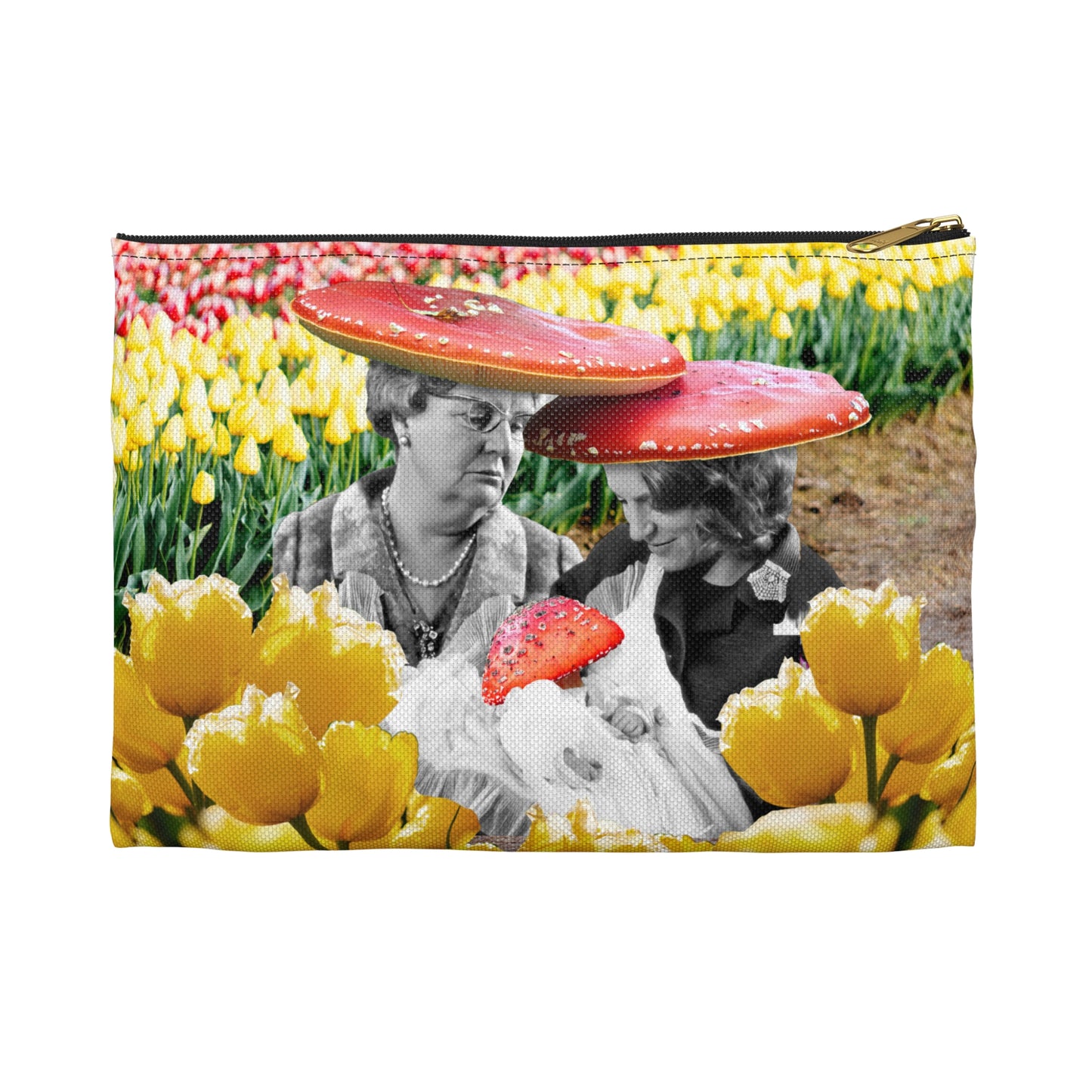 Happy Mushroom Family Accessory Pouch - Surreal Collage Art "Nana's Little Mushroom" in a Field of Tulips