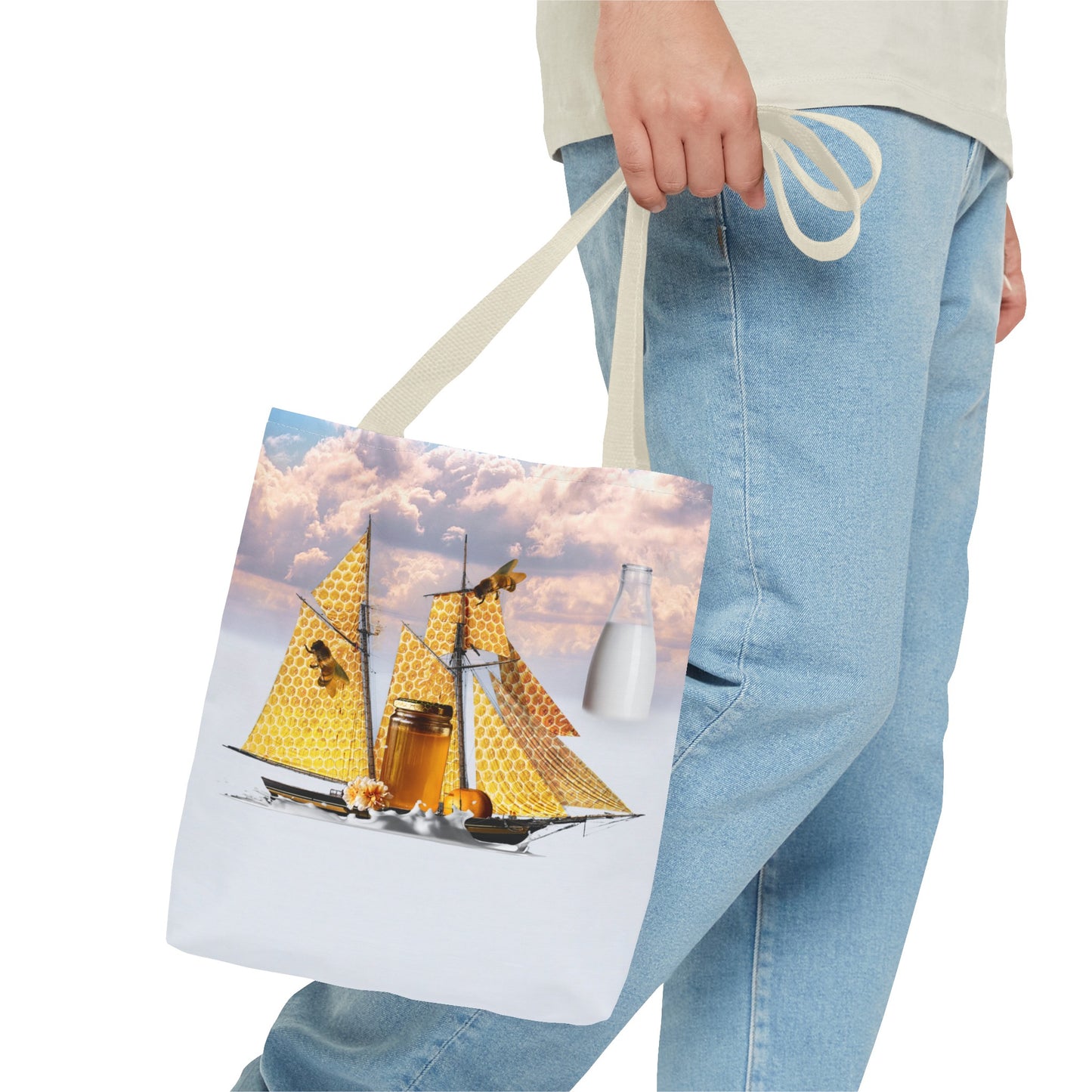 Tote Bag, Bees at Sea on Honeycomb Ship 'Milk & Honey' Surreal Whimsical Collage Art