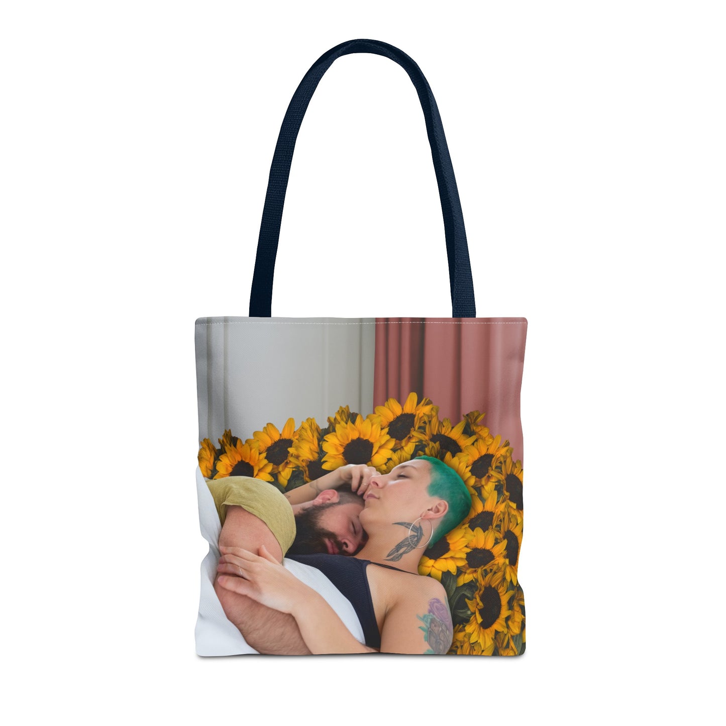 Tranquil Sunflowers Around Cuddling Couple Tote Bag Surreal Art - Loving Design "Sunflowers In Your Room"