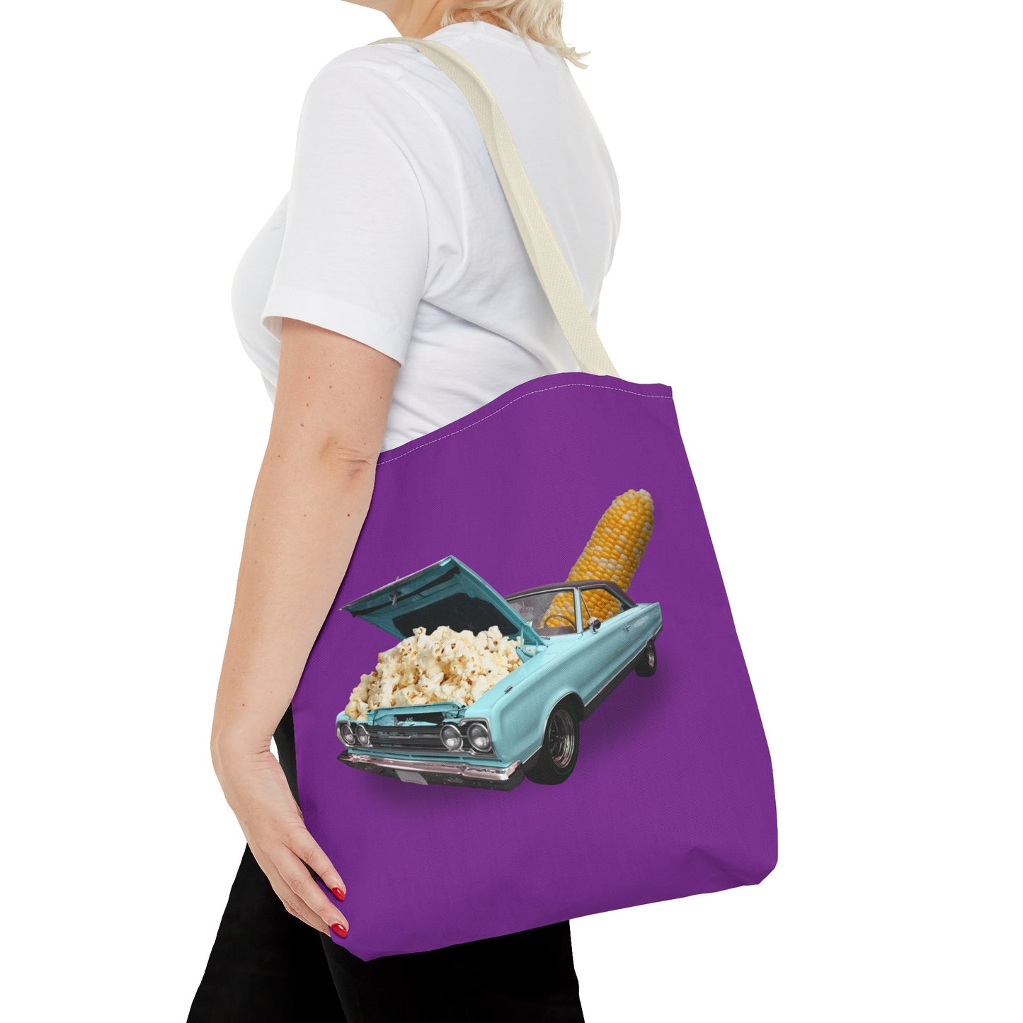 Quirky Tote Bag with Surreal Popcorn Car Art Print - Poppin' Ride