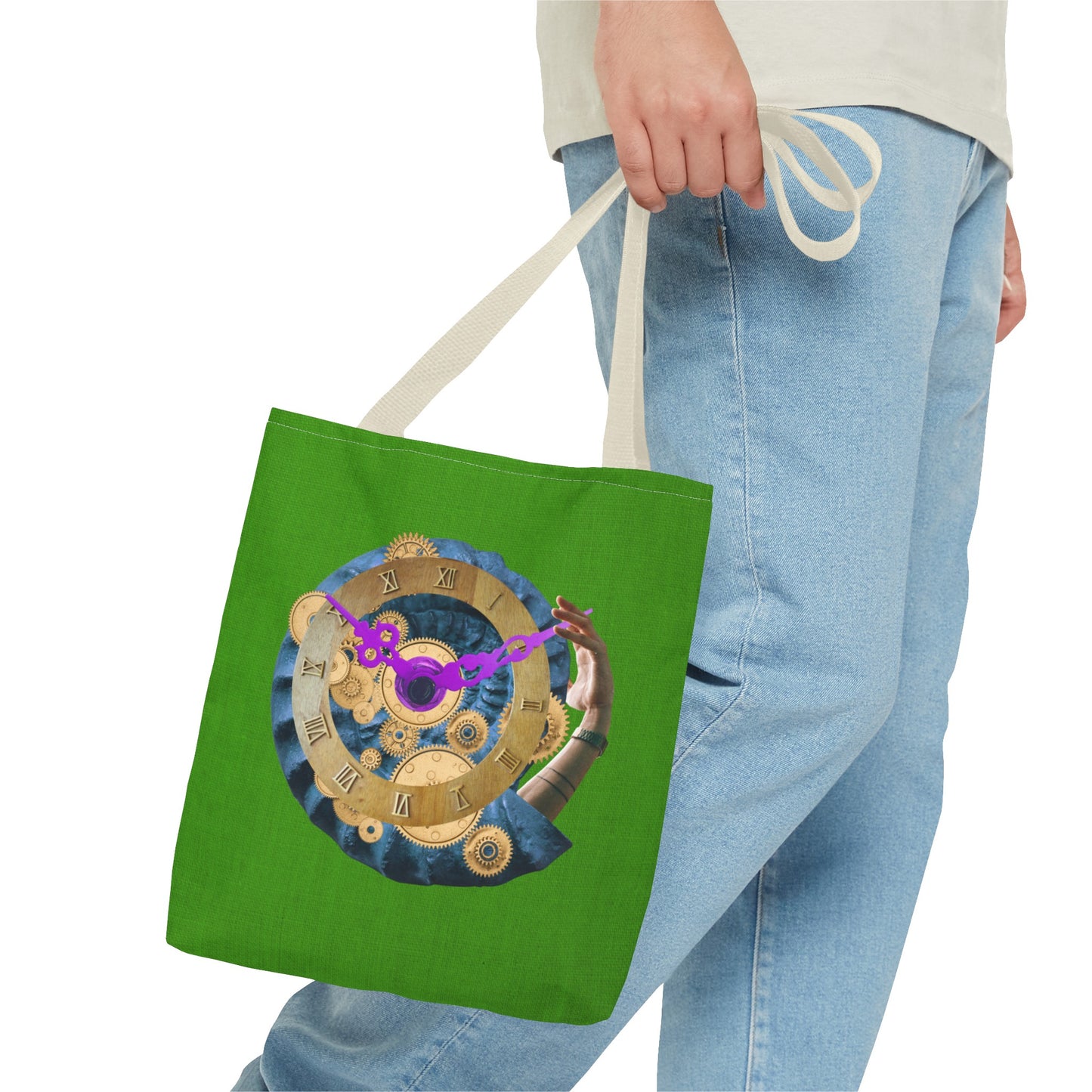 Steampunk Clock Tote Bag with Surreal Ammonite Art Print - Departure Time