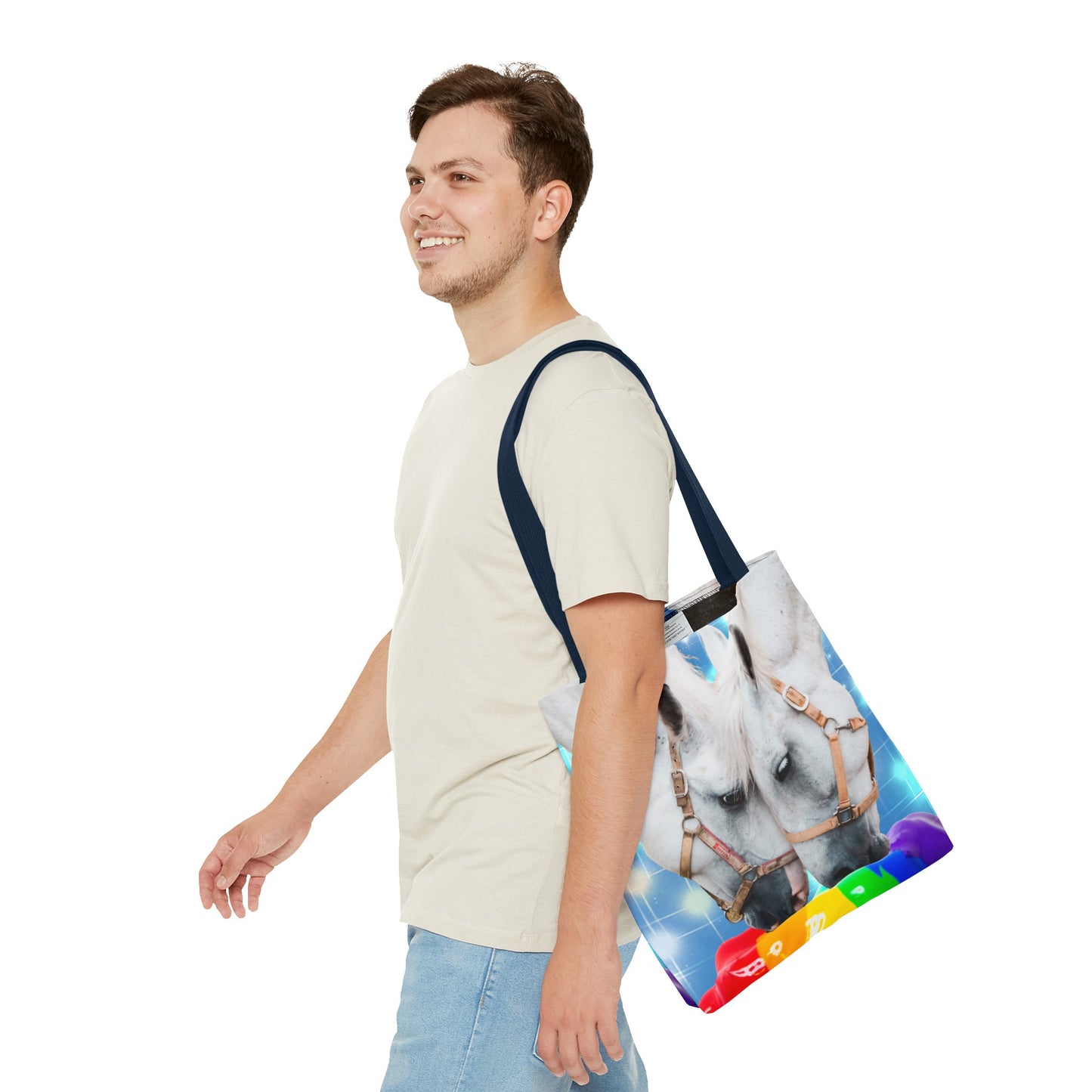 Unique Tote Bag "Pooping Rainbows" Art - White Horses Eating Rainbow Feed