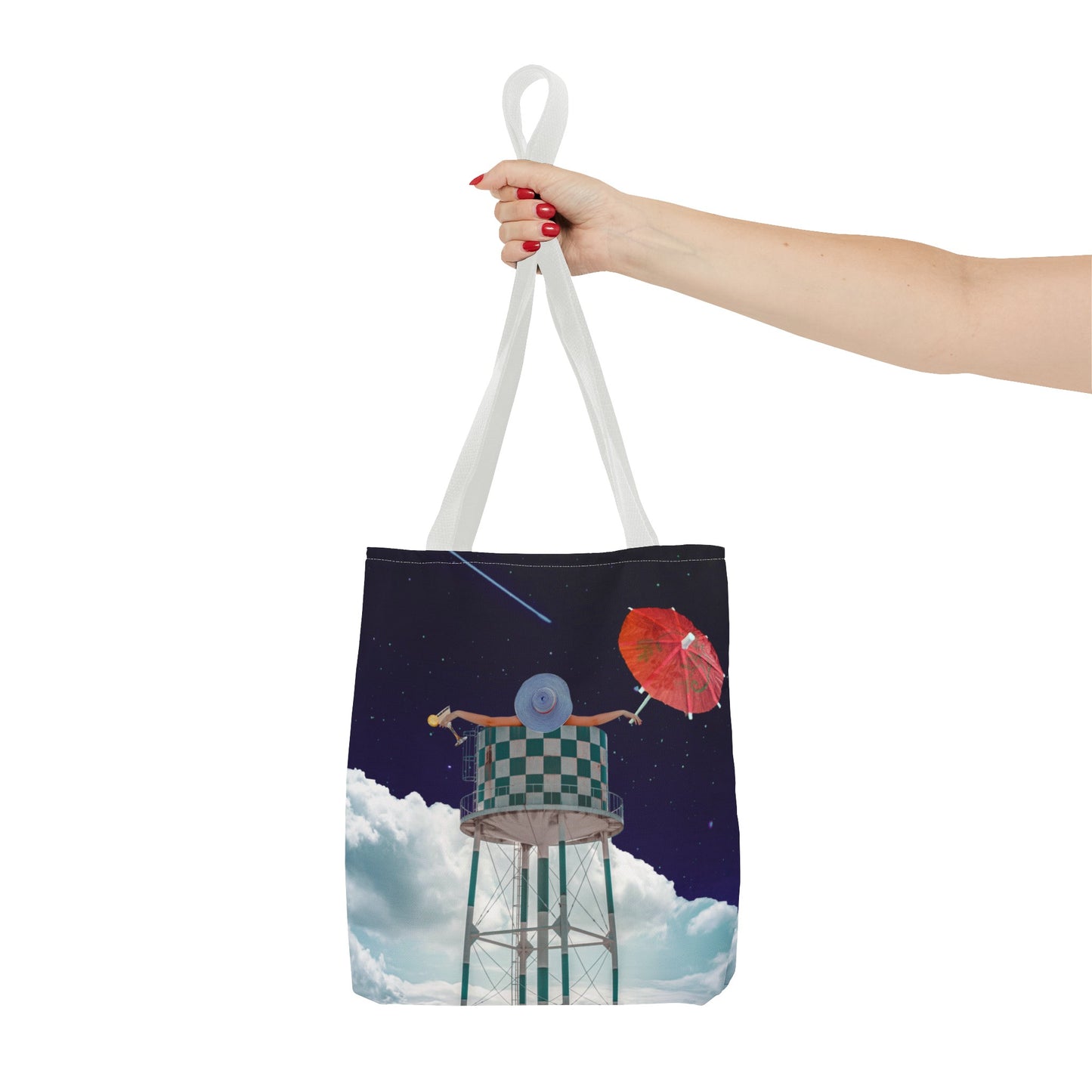 Tote Bag Featuring Surreal Art 'Soaked' - Woman with Martini Glass and Cocktail Umbrella - Nighttime Bliss