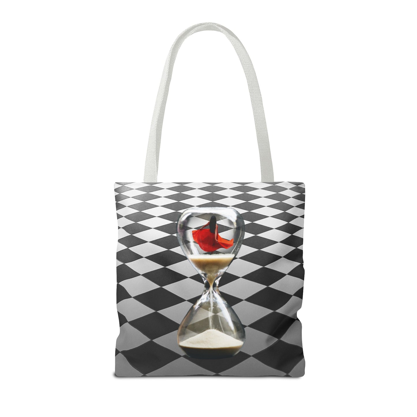 Red Dress Dancer Tote Bag - Surreal Art Checkerboard Design - Dance Through Life