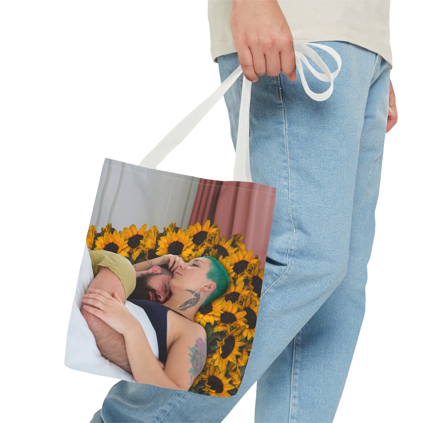 Tranquil Sunflowers Around Cuddling Couple Tote Bag Surreal Art - Loving Design "Sunflowers In Your Room"