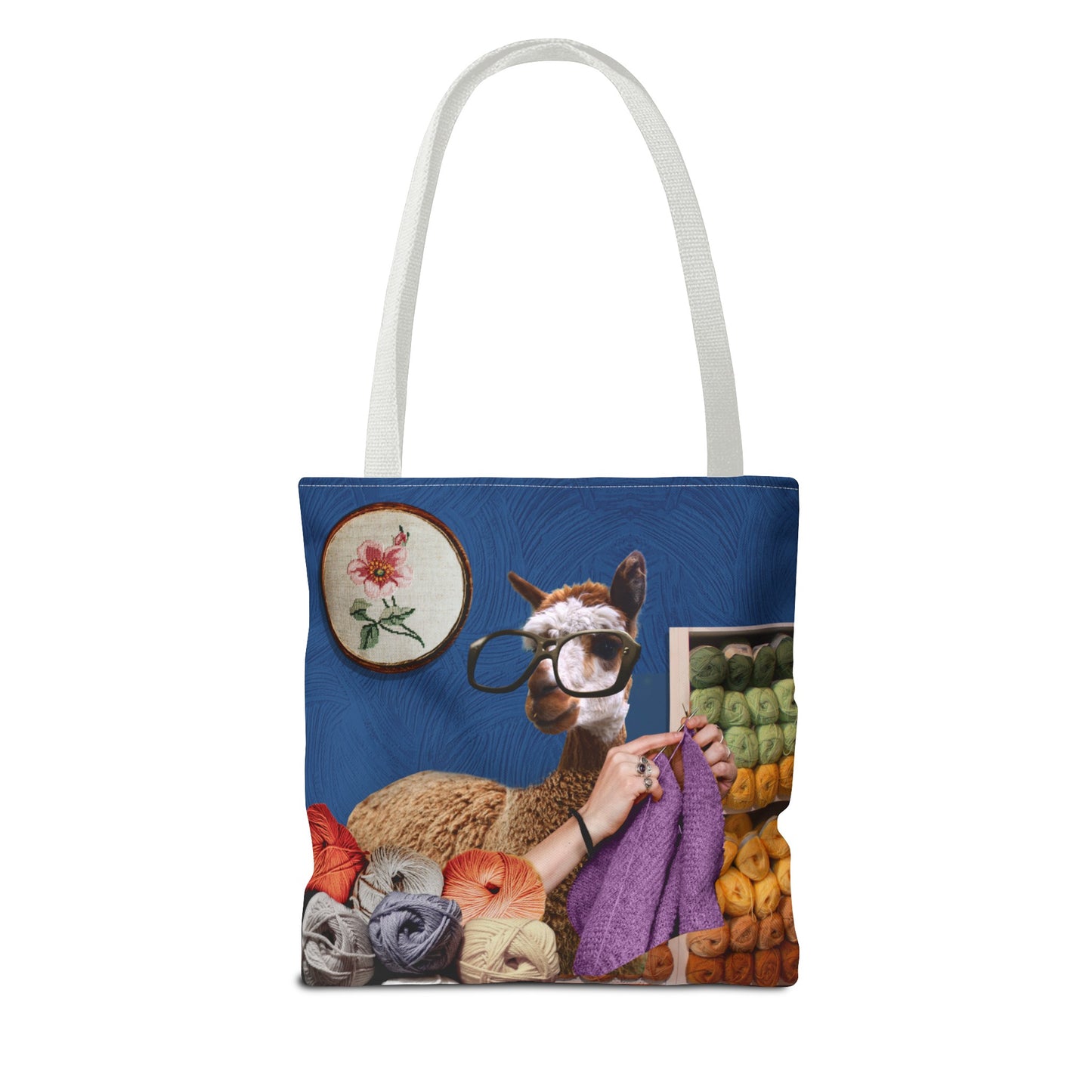 Whimsical Funky Llama Tote Bag: "Llama Tried" - Wearing Glasses and Knitting in Yarn Shop