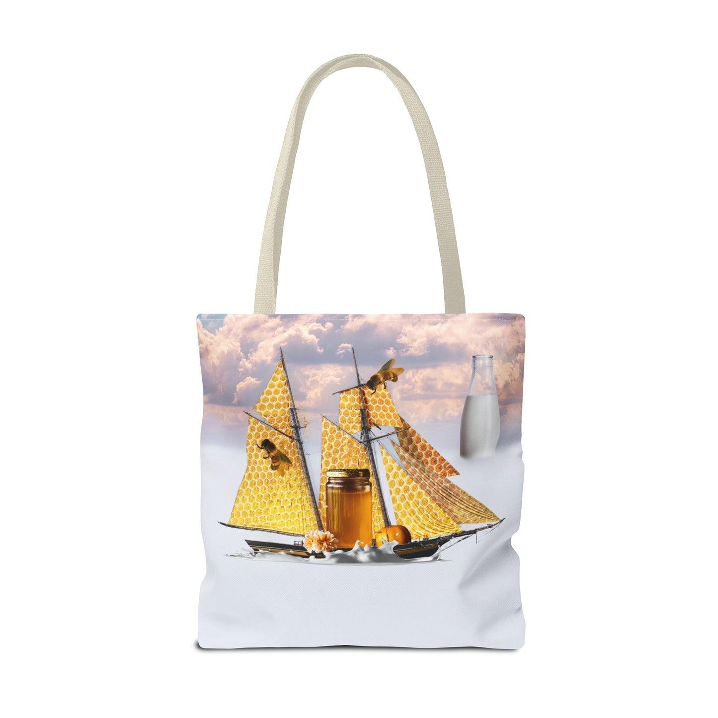 Tote Bag, Bees at Sea on Honeycomb Ship 'Milk & Honey' Surreal Whimsical Collage Art