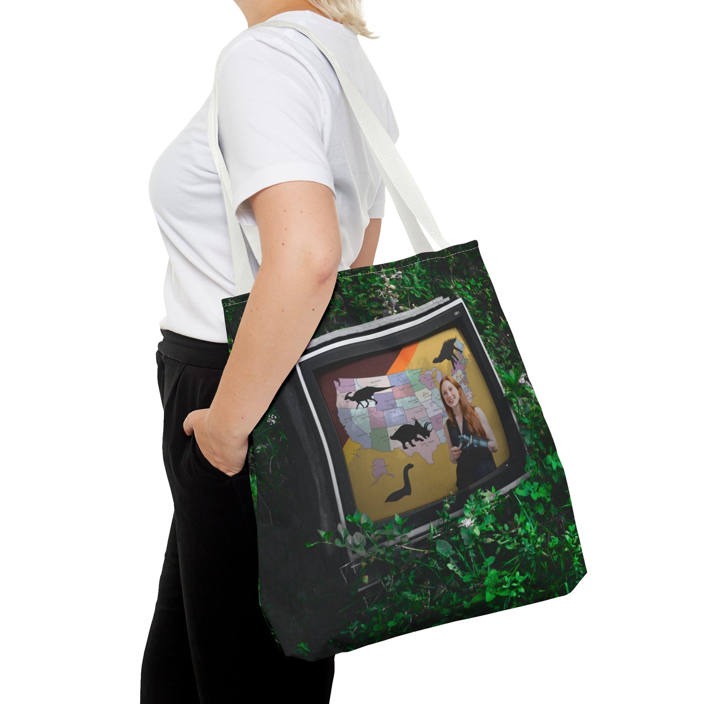 Unique Dystopian TV Scene Tote Bag with Weather Girl & Dinosaurs Map