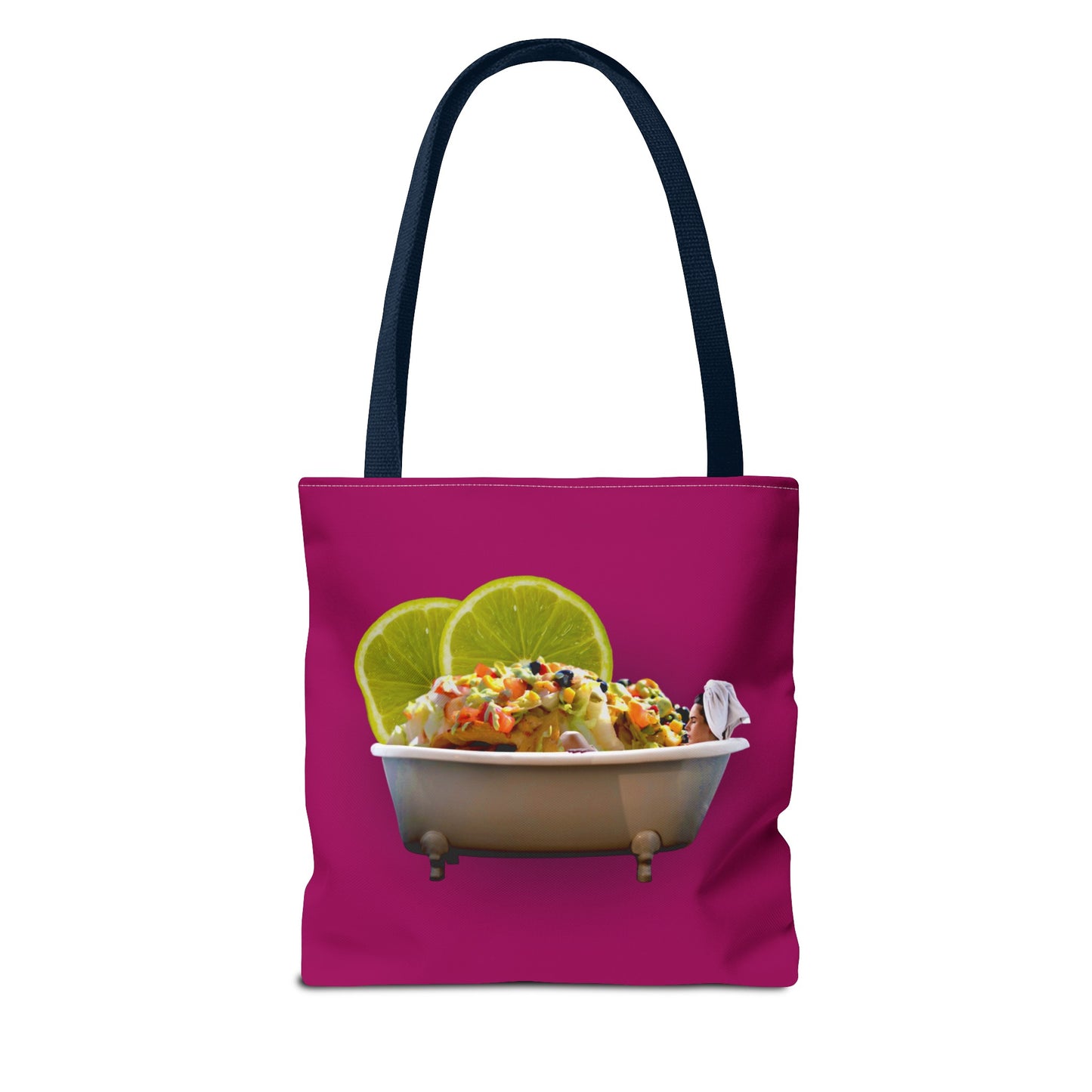 Food Lover's Delight: Woman Soaking in Bathtub with Burrito Tote Bag