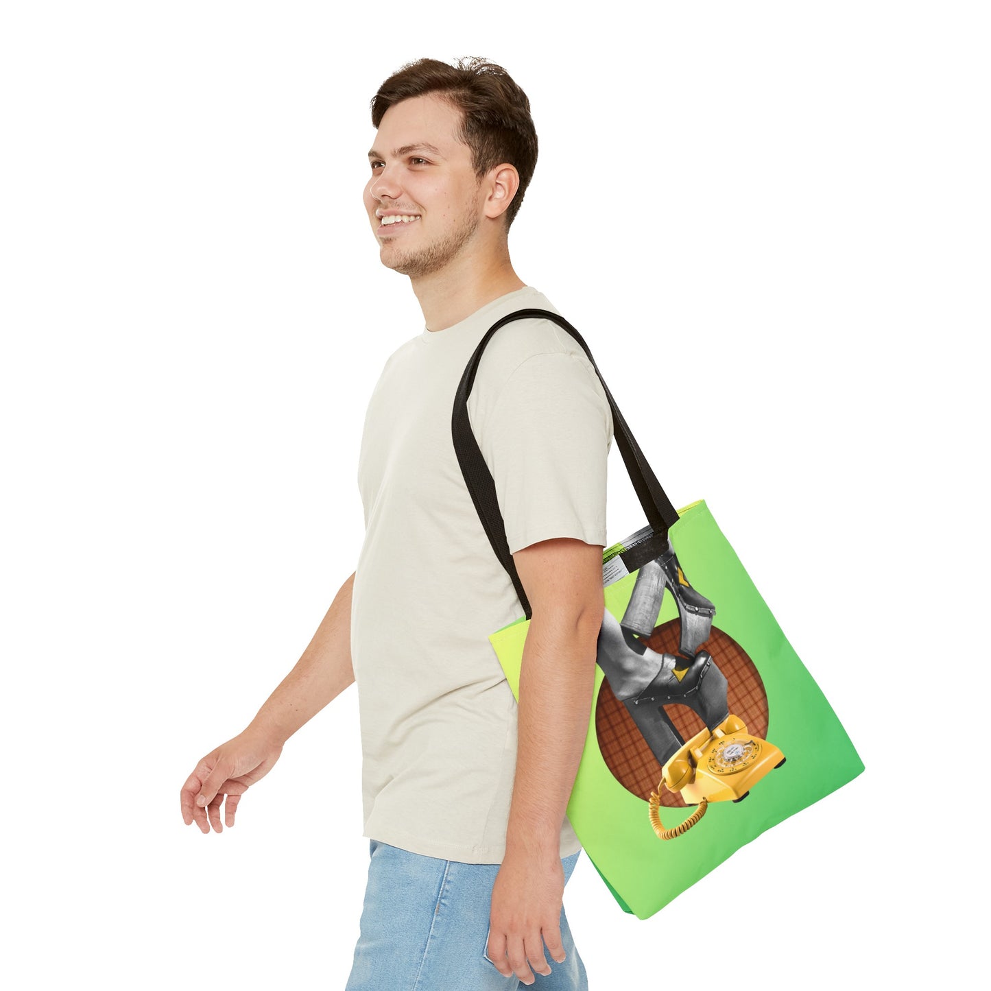 Playful Tote Bag with Collage Art "Hold My Calls" - 70's Platform Shoes and Yellow Rotary Phone