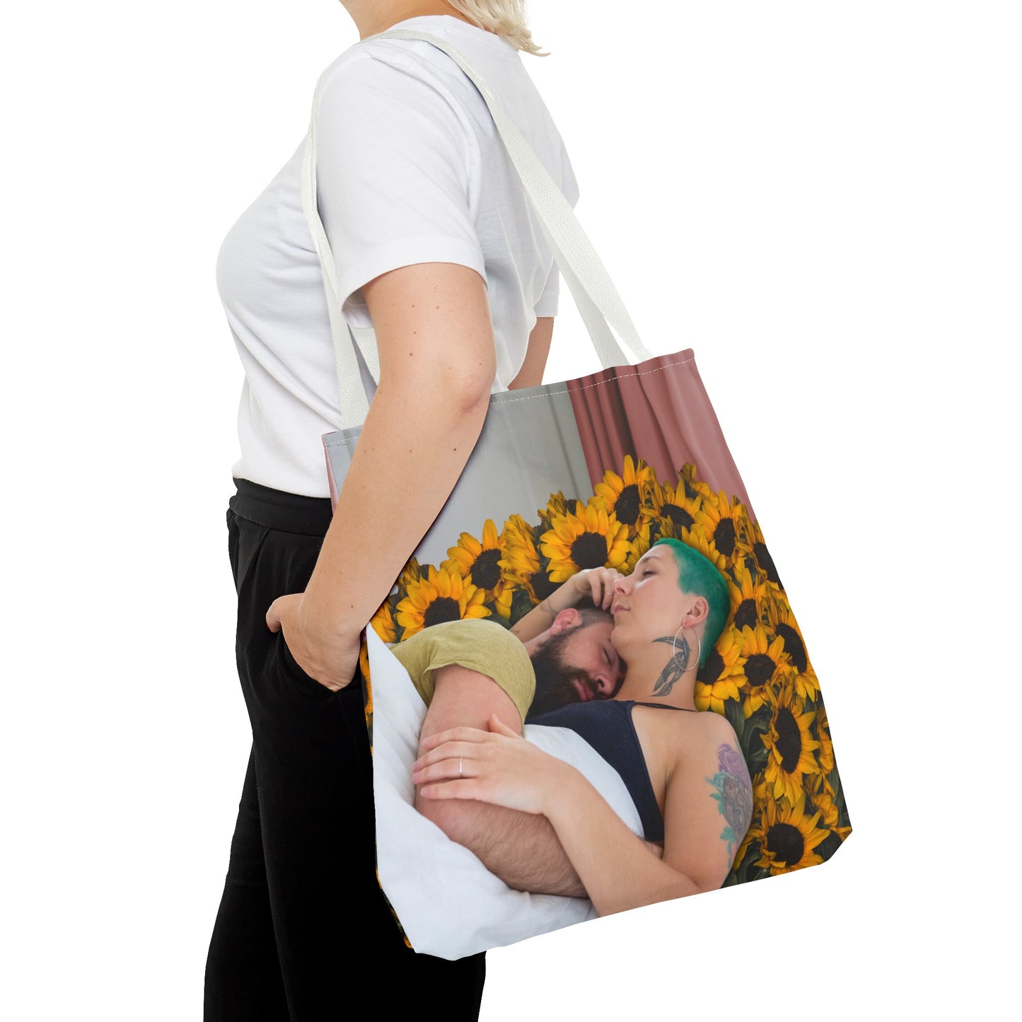 Tranquil Sunflowers Around Cuddling Couple Tote Bag Surreal Art - Loving Design "Sunflowers In Your Room"