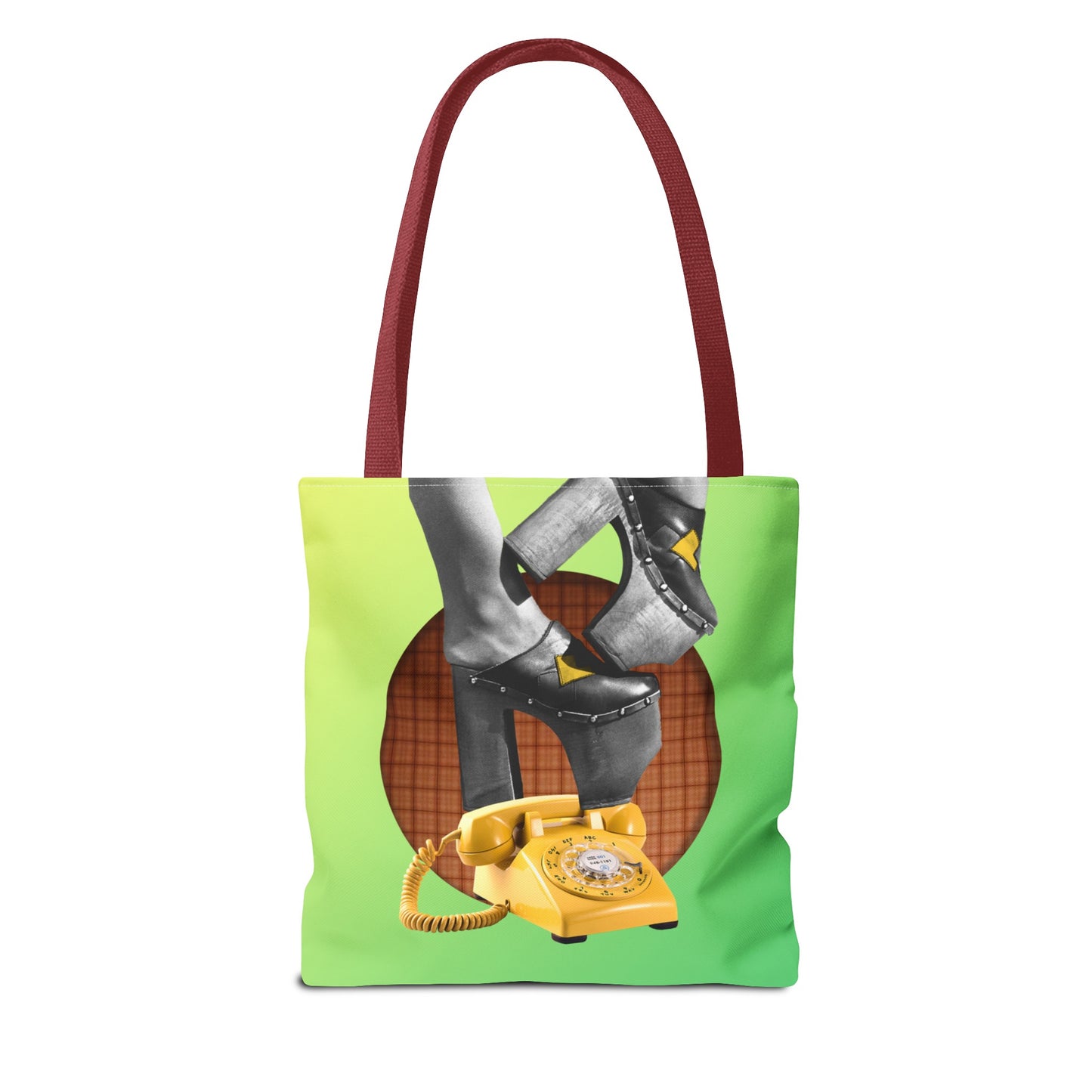 Playful Tote Bag with Collage Art "Hold My Calls" - 70's Platform Shoes and Yellow Rotary Phone