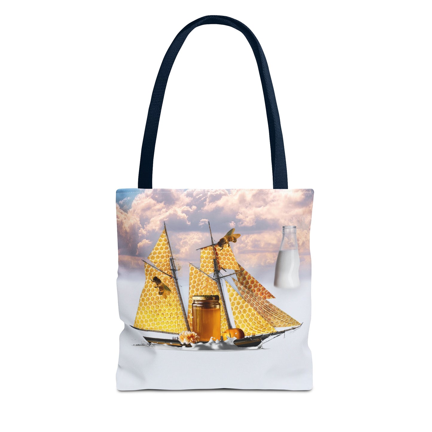 Tote Bag, Bees at Sea on Honeycomb Ship 'Milk & Honey' Surreal Whimsical Collage Art