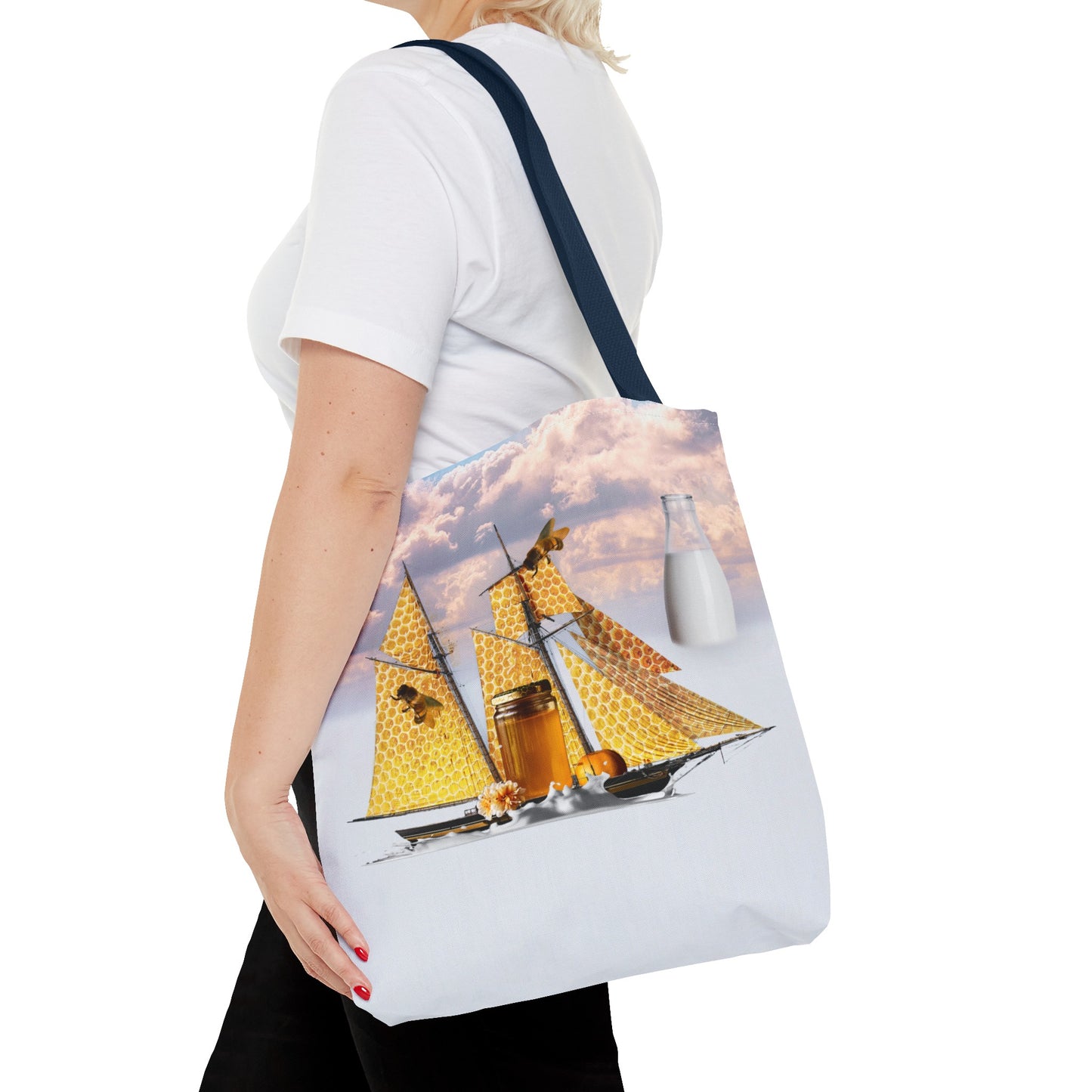 Tote Bag, Bees at Sea on Honeycomb Ship 'Milk & Honey' Surreal Whimsical Collage Art