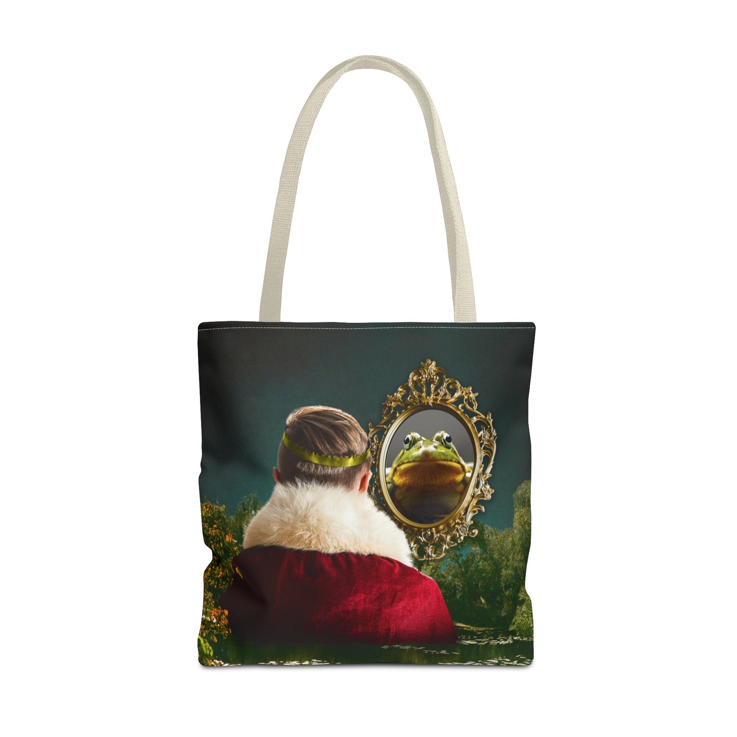 Frog Prince Reflection Tote Bag - Mystic Wetlands Collage Art Print
