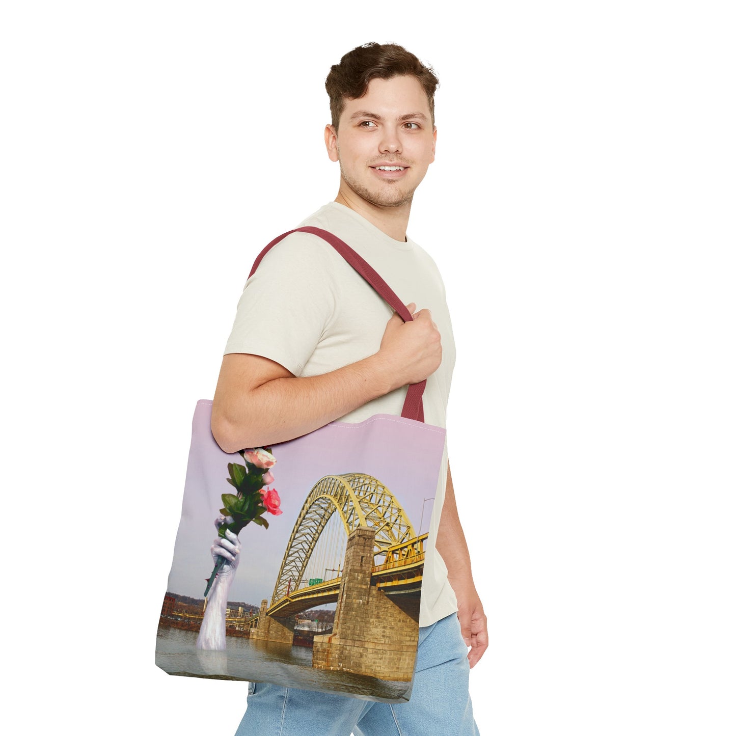 Romantic Tote Bag for Valentine's and Long-Distance Lovers: A Bridge Too Far Design with Flowers