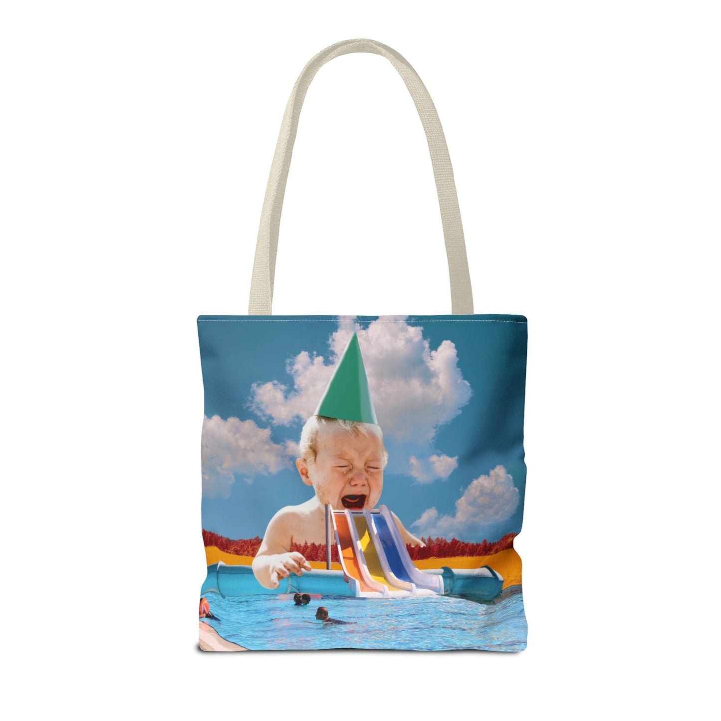 Vibrant Pool Party Beach Tote Bag - Surreal Art Print - Giant Baby and Colorful Pool Slide