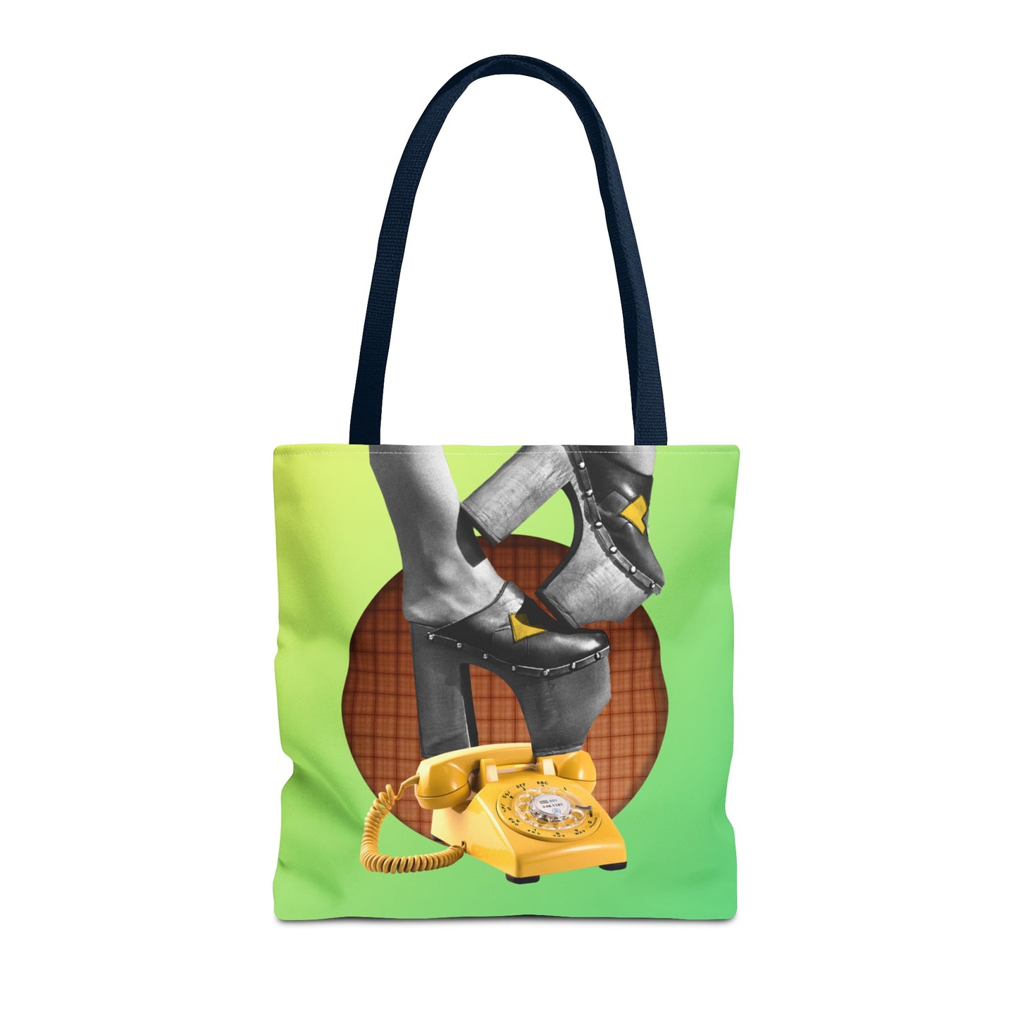 Playful Tote Bag with Collage Art "Hold My Calls" - 70's Platform Shoes and Yellow Rotary Phone
