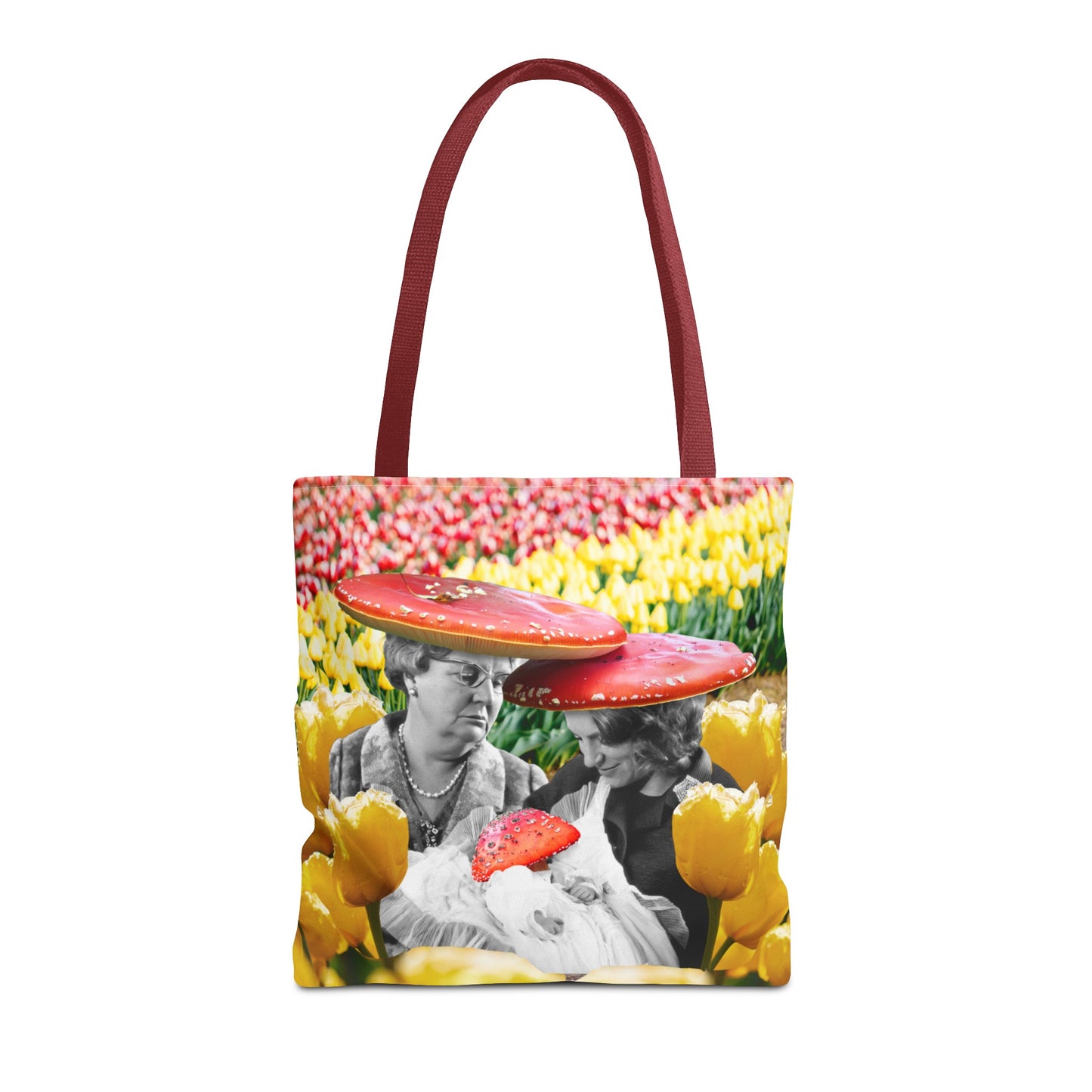 Happy Mushroom Family All Over Print Tote Bag - Surreal Collage Art "Nana's Little Mushroom" in a Field of Tulips