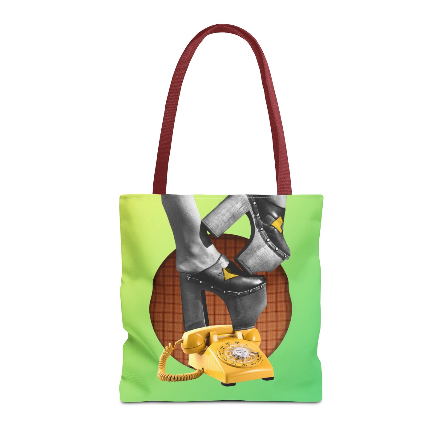 Playful Tote Bag with Collage Art "Hold My Calls" - 70's Platform Shoes and Yellow Rotary Phone