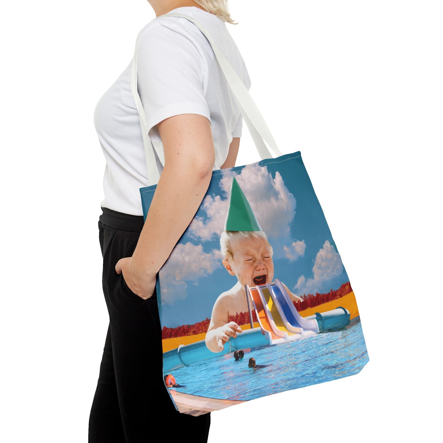 Vibrant Pool Party Beach Tote Bag - Surreal Art Print - Giant Baby and Colorful Pool Slide