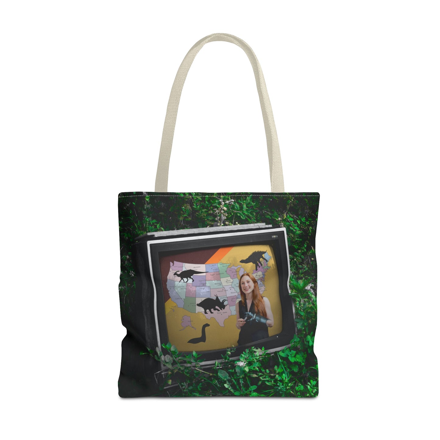 Unique Dystopian TV Scene Tote Bag with Weather Girl & Dinosaurs Map