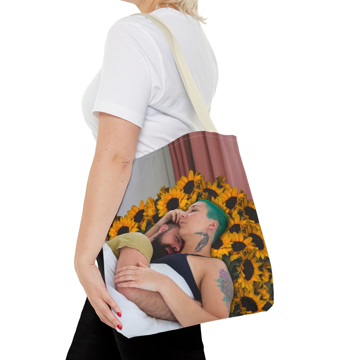 Tranquil Sunflowers Around Cuddling Couple Tote Bag Surreal Art - Loving Design "Sunflowers In Your Room"
