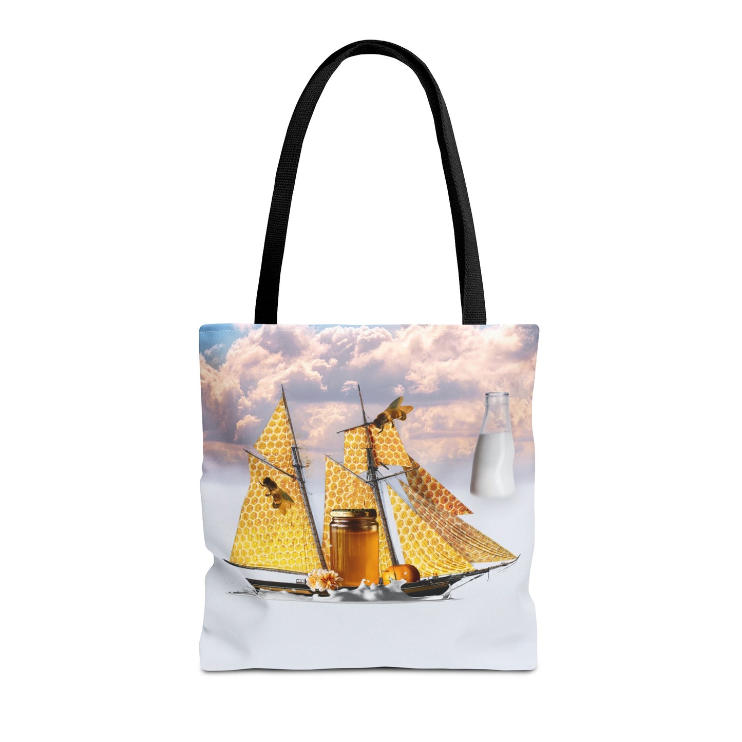 Tote Bag, Bees at Sea on Honeycomb Ship 'Milk & Honey' Surreal Whimsical Collage Art