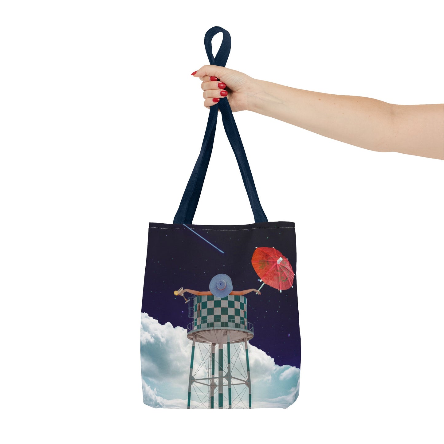 Tote Bag Featuring Surreal Art 'Soaked' - Woman with Martini Glass and Cocktail Umbrella - Nighttime Bliss