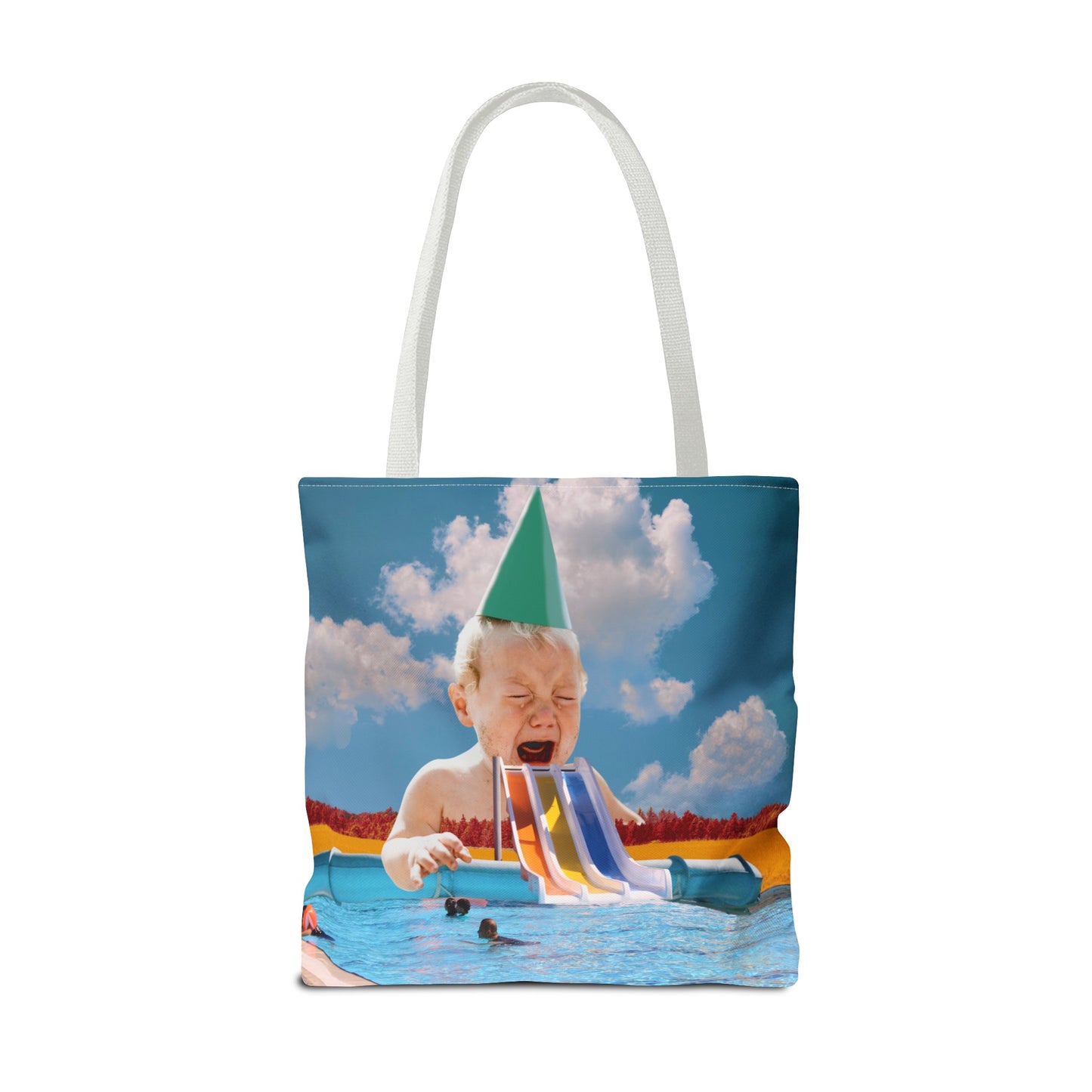 Vibrant Pool Party Beach Tote Bag - Surreal Art Print - Giant Baby and Colorful Pool Slide