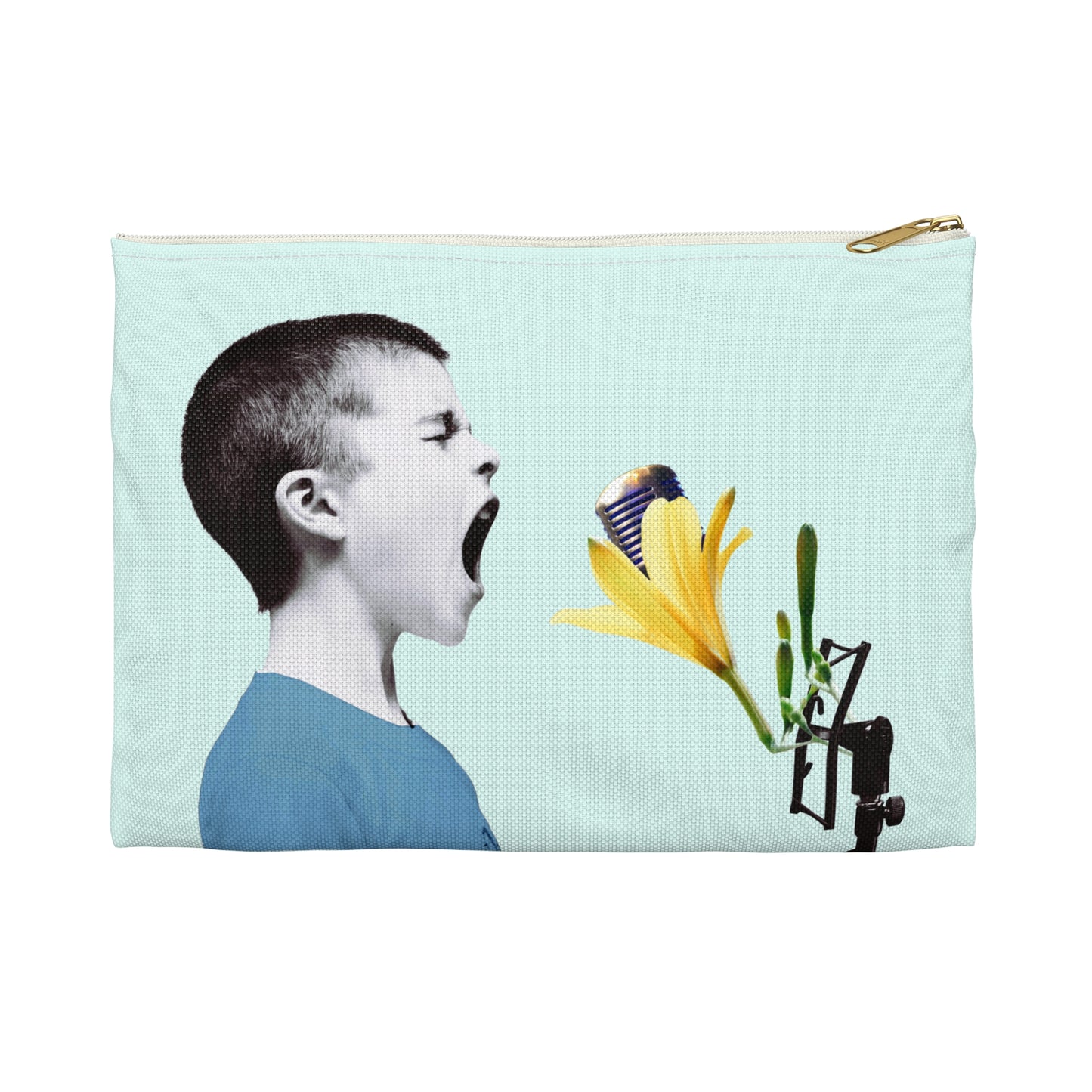 Nature Sounds Collage Art Accessory Pouch with Boy's Whimsical Floral Microphone Serenade