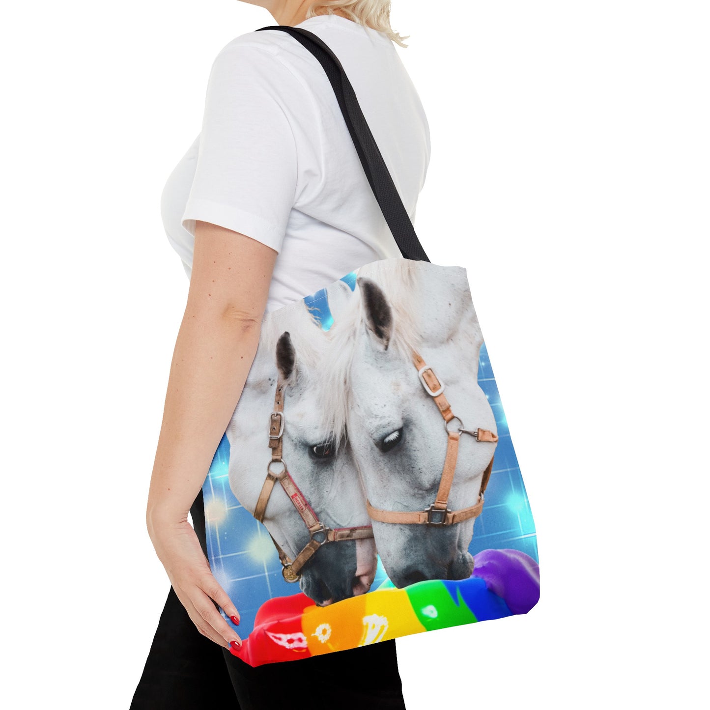 Unique Tote Bag "Pooping Rainbows" Art - White Horses Eating Rainbow Feed