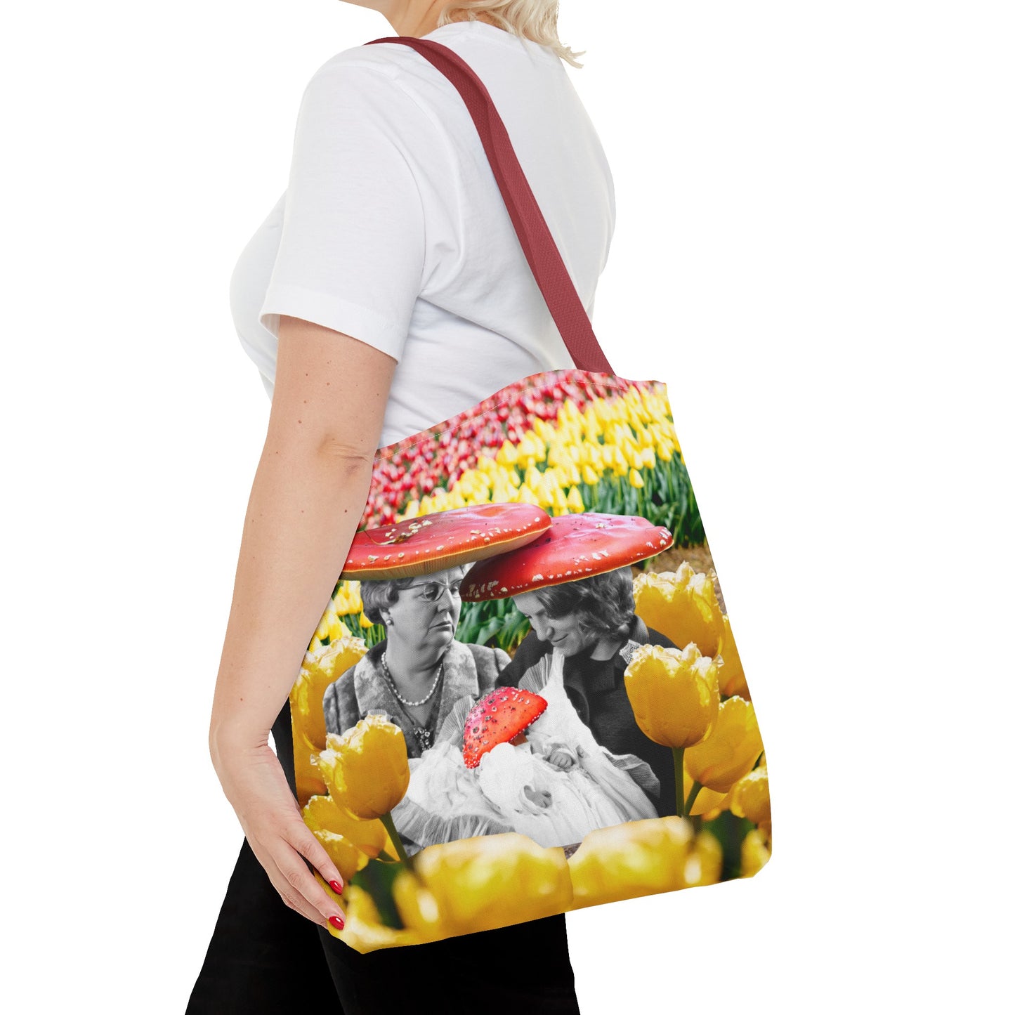 Happy Mushroom Family All Over Print Tote Bag - Surreal Collage Art "Nana's Little Mushroom" in a Field of Tulips