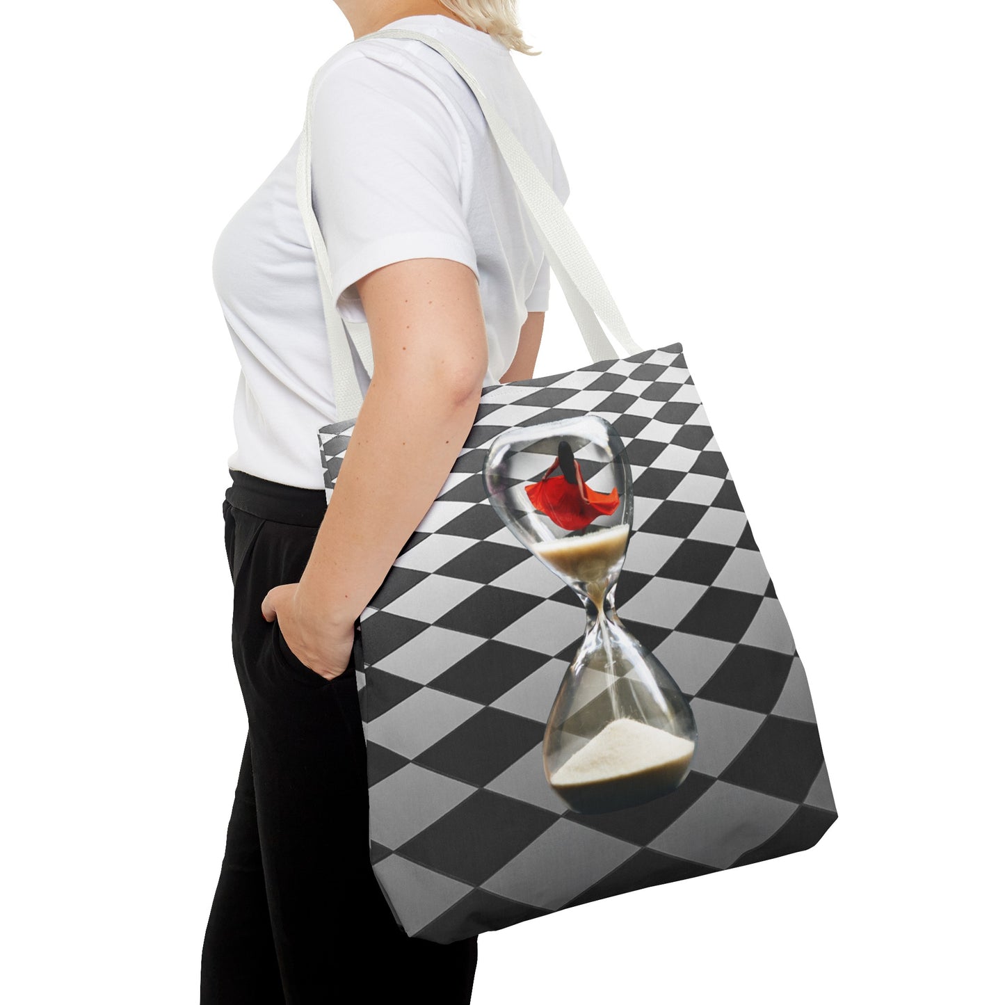 Red Dress Dancer Tote Bag - Surreal Art Checkerboard Design - Dance Through Life