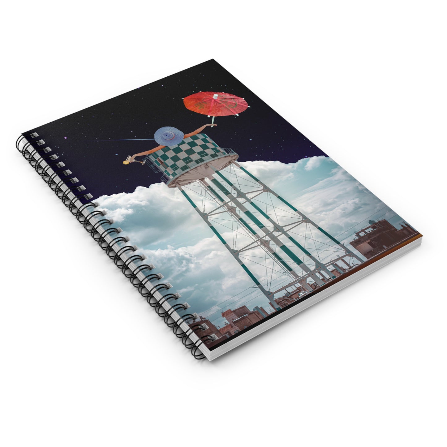 Spiral Notebook With Unique Collage Art Print: 'Soaked' - Martini, Umbrella, and Water Tower
