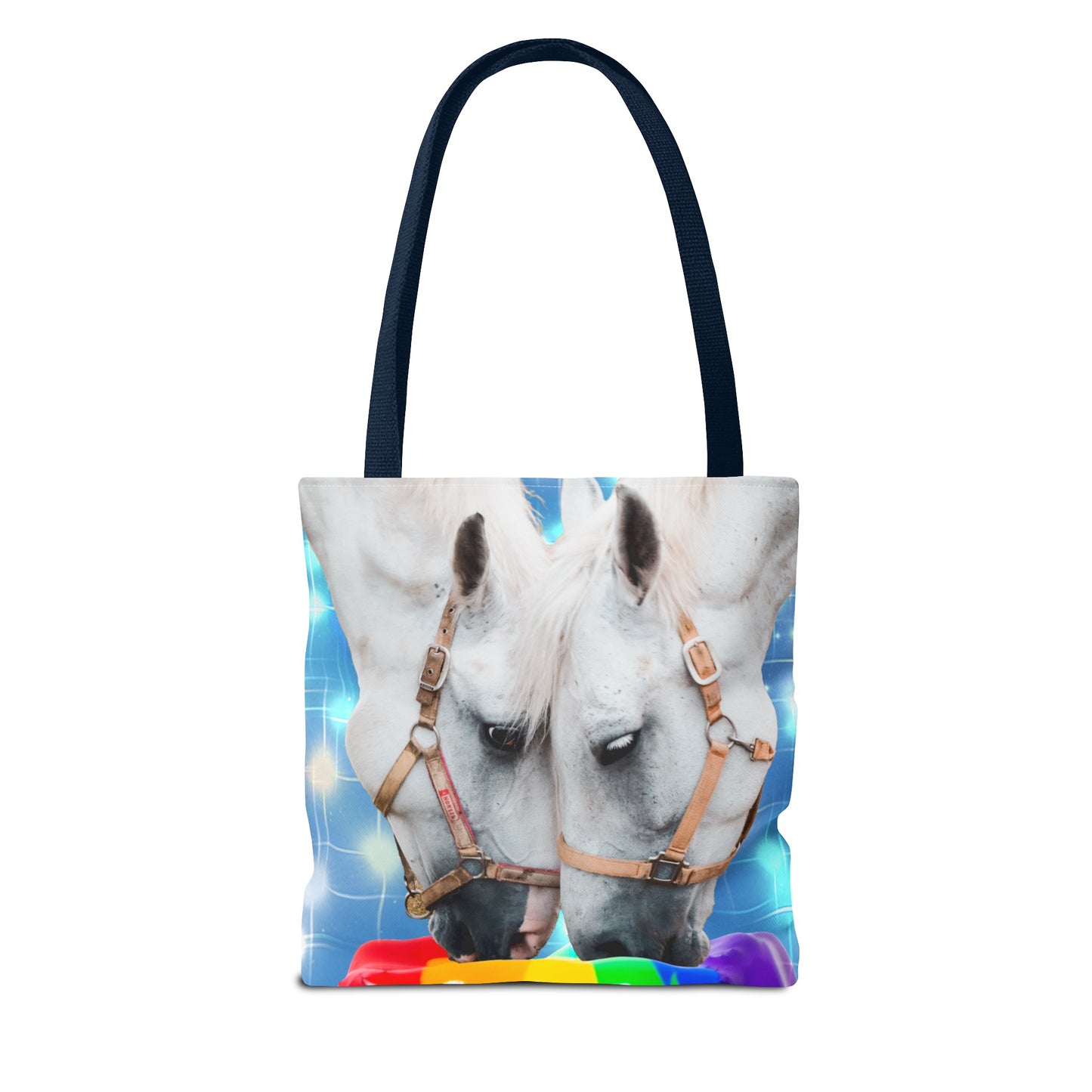 Unique Tote Bag "Pooping Rainbows" Art - White Horses Eating Rainbow Feed