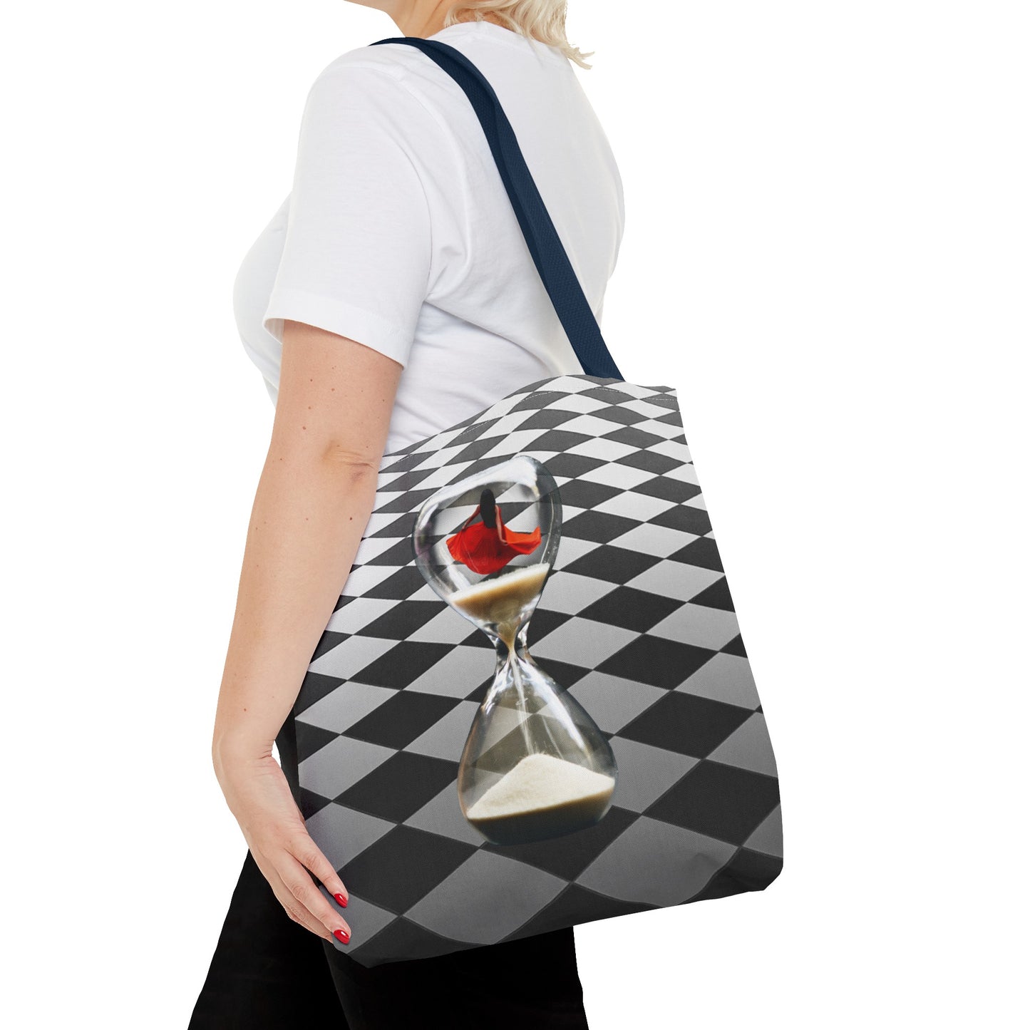 Red Dress Dancer Tote Bag - Surreal Art Checkerboard Design - Dance Through Life
