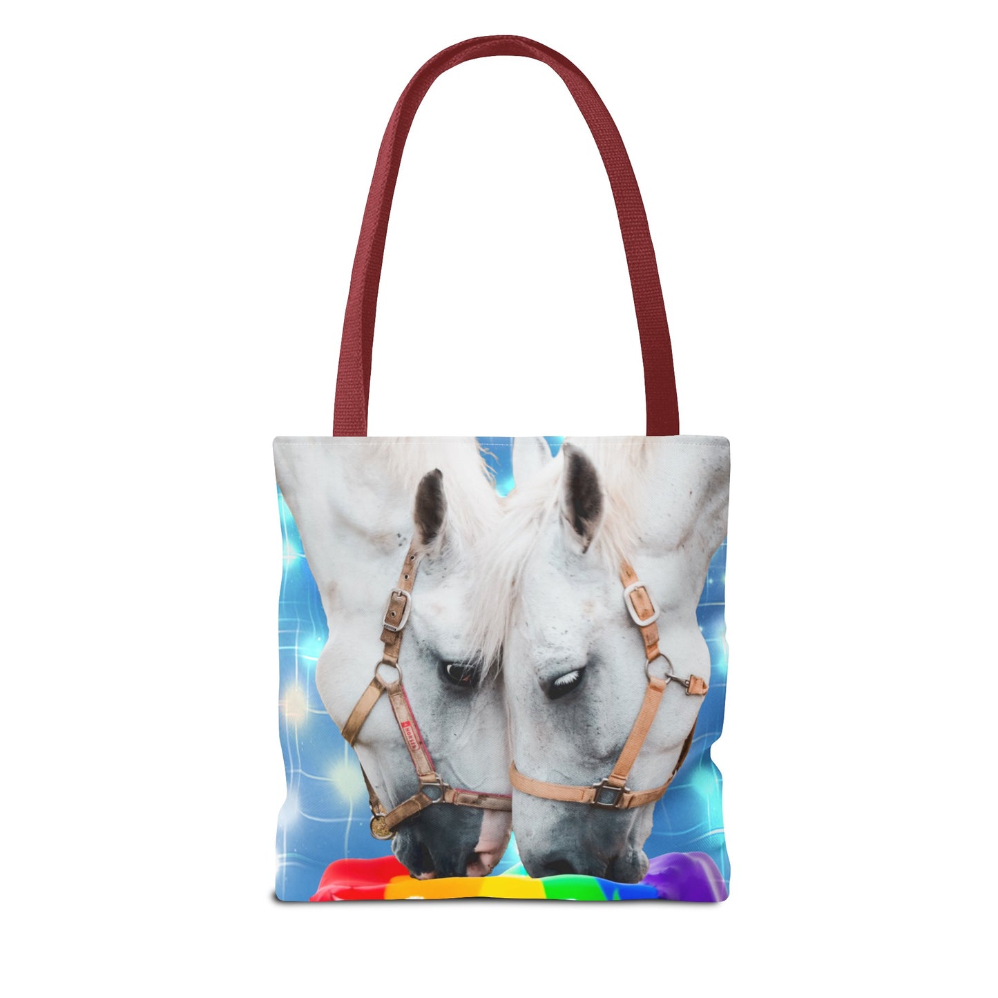 Unique Tote Bag "Pooping Rainbows" Art - White Horses Eating Rainbow Feed