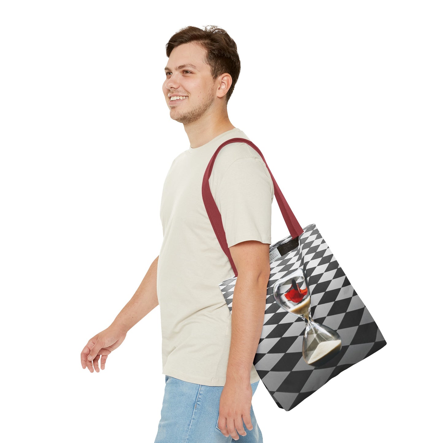Red Dress Dancer Tote Bag - Surreal Art Checkerboard Design - Dance Through Life