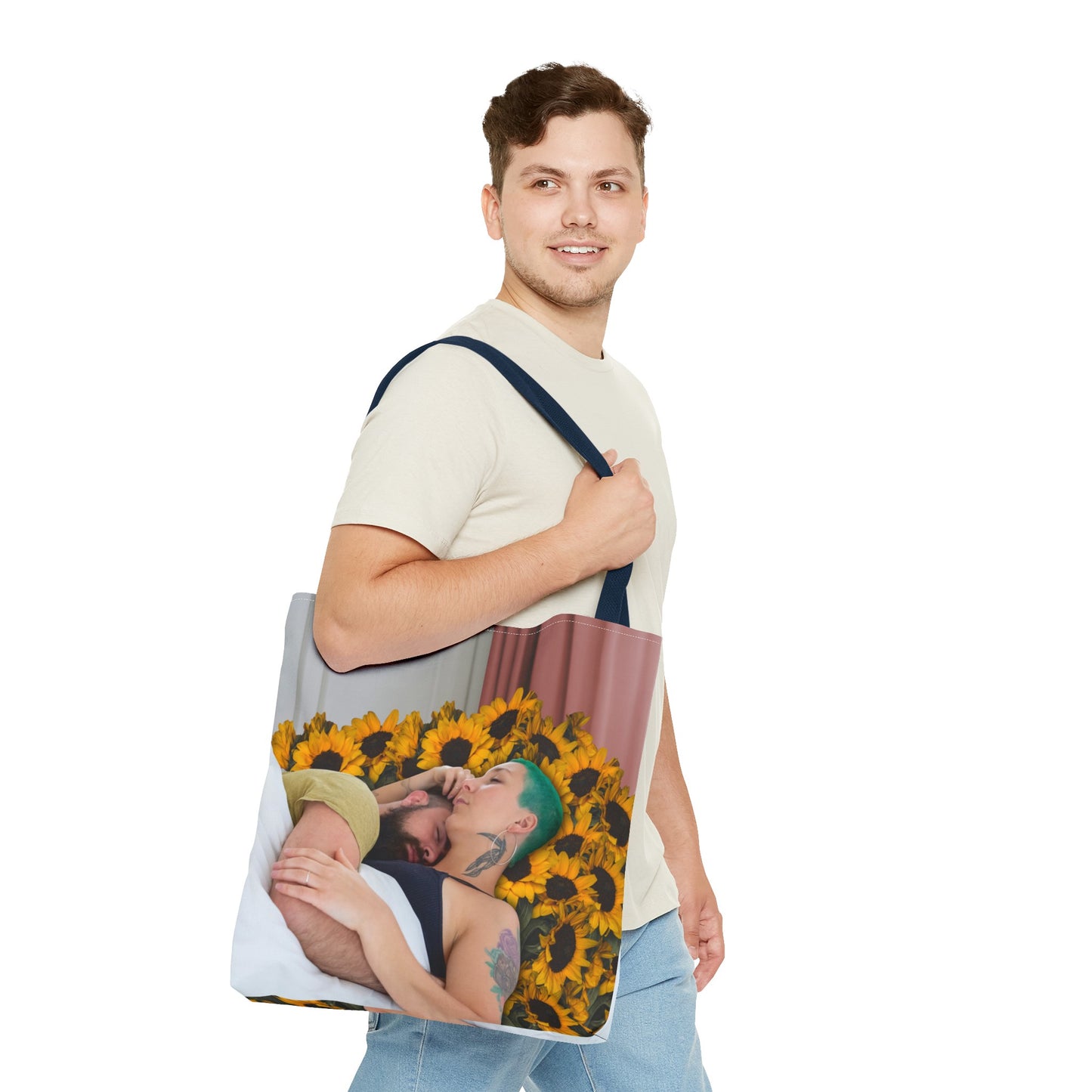 Tranquil Sunflowers Around Cuddling Couple Tote Bag Surreal Art - Loving Design "Sunflowers In Your Room"