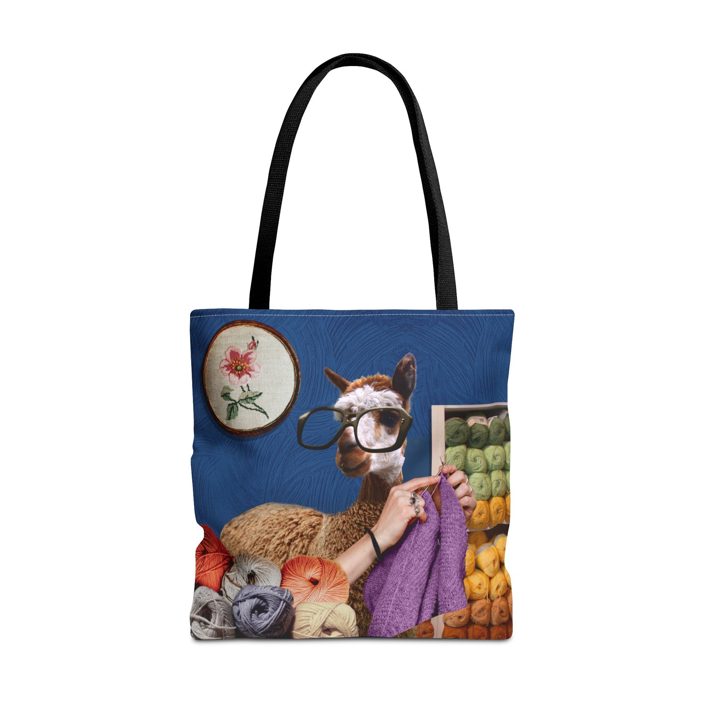 Whimsical Funky Llama Tote Bag: "Llama Tried" - Wearing Glasses and Knitting in Yarn Shop