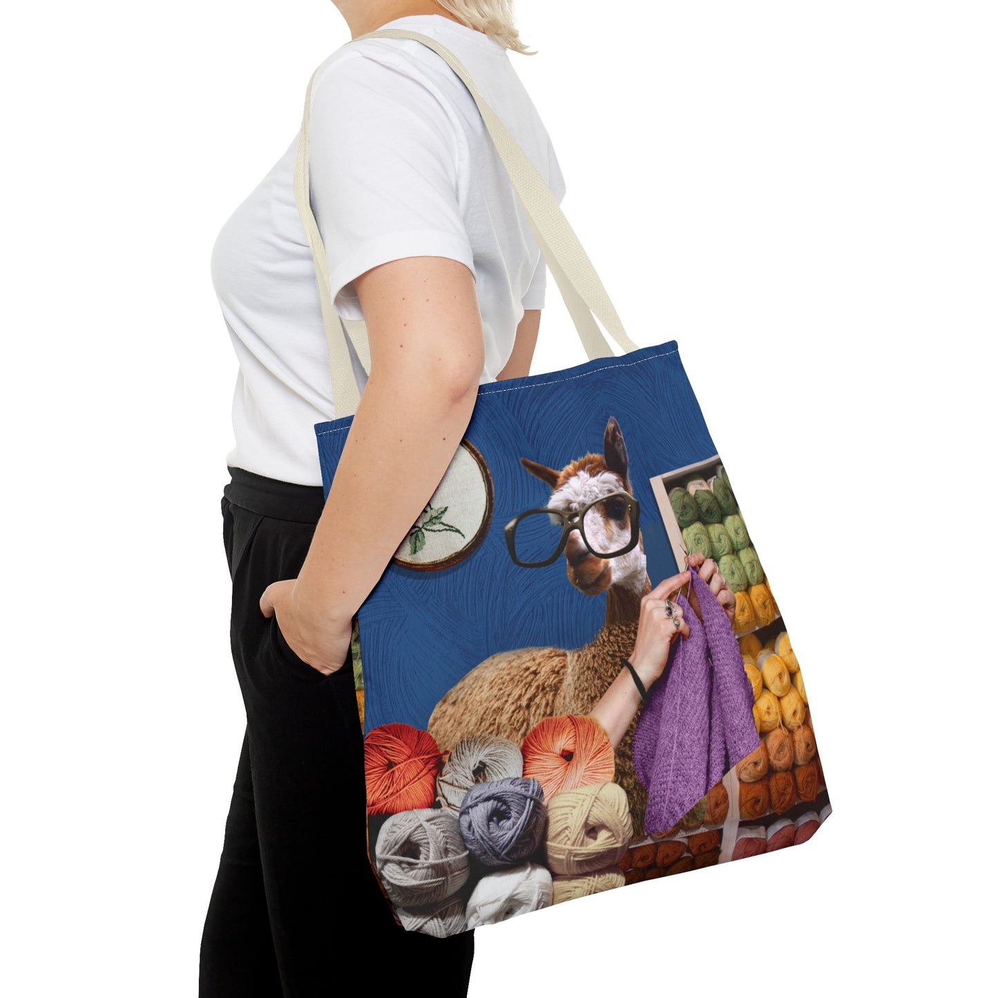 Whimsical Funky Llama Tote Bag: "Llama Tried" - Wearing Glasses and Knitting in Yarn Shop