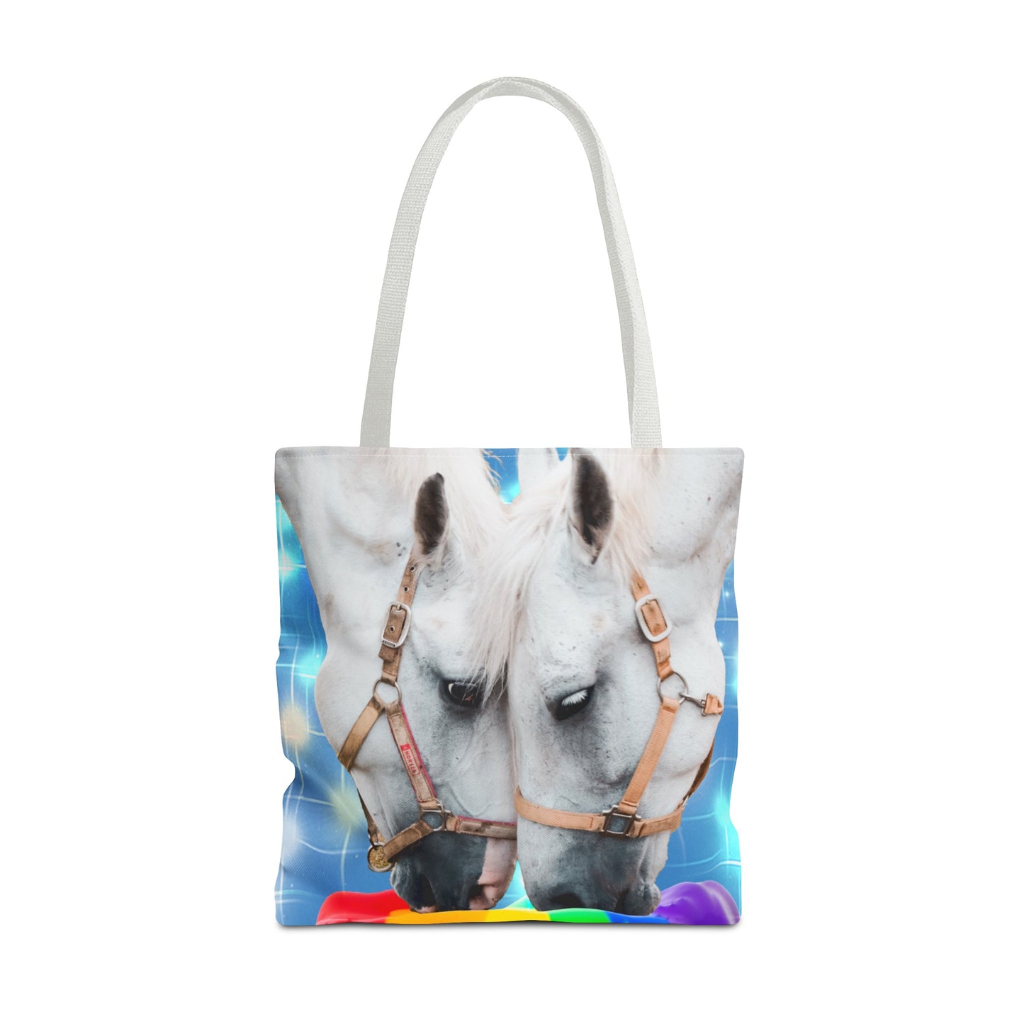 Unique Tote Bag "Pooping Rainbows" Art - White Horses Eating Rainbow Feed