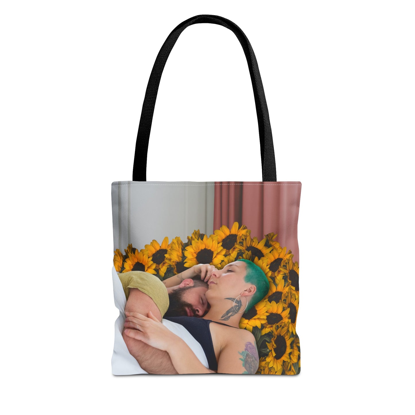 Tranquil Sunflowers Around Cuddling Couple Tote Bag Surreal Art - Loving Design "Sunflowers In Your Room"