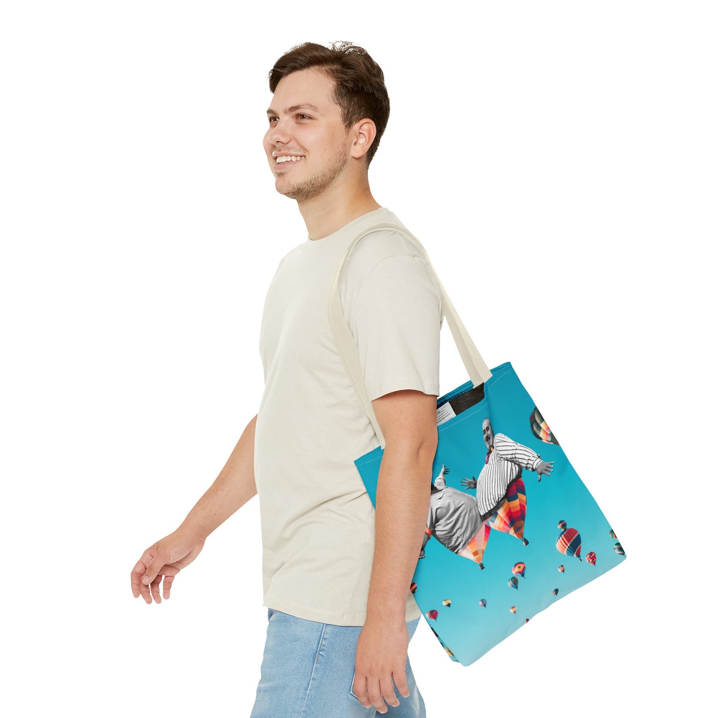 Whimsical Tote Bag with Surreal Art Print - Up Up & Away - Captivating Figures in Flight