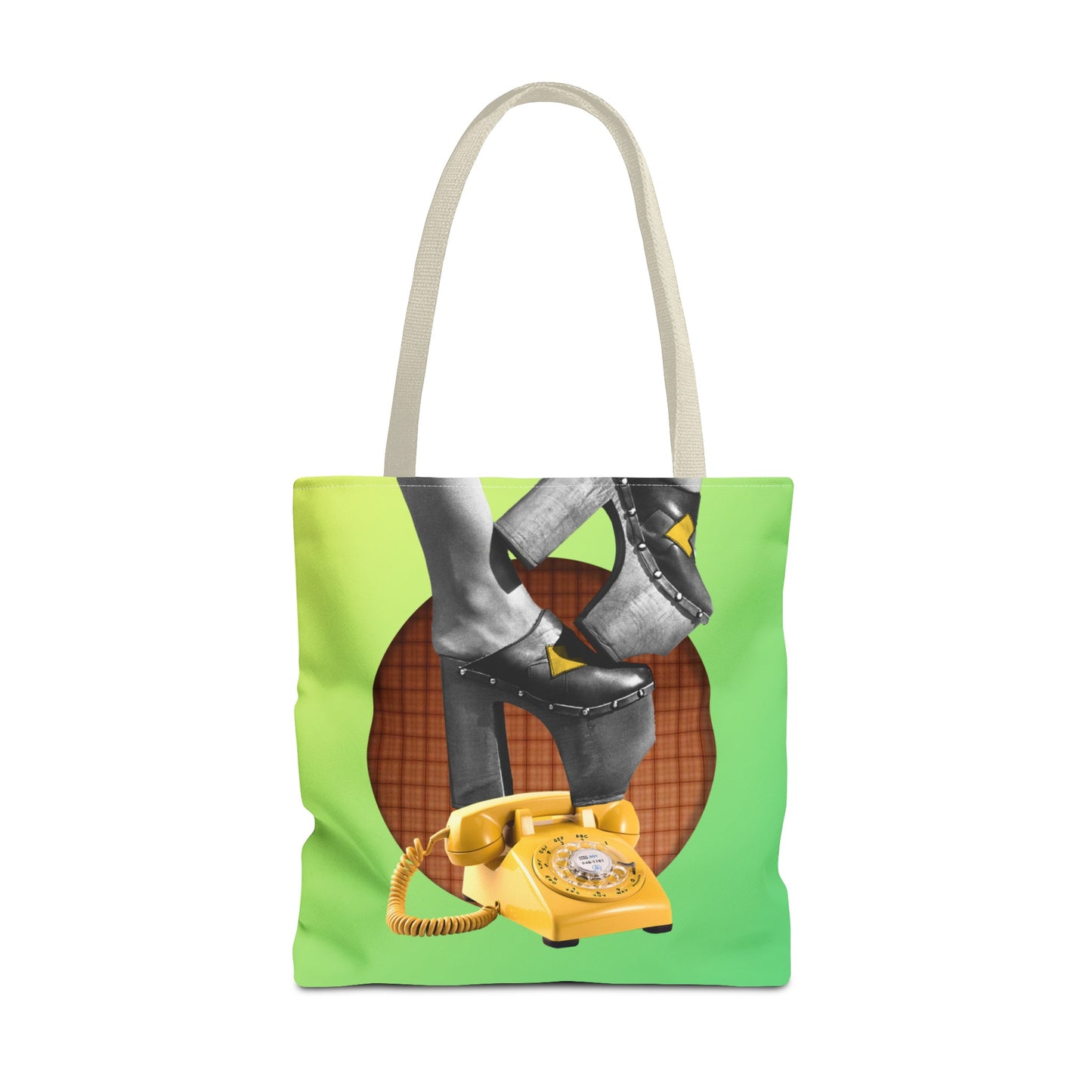 Playful Tote Bag with Collage Art "Hold My Calls" - 70's Platform Shoes and Yellow Rotary Phone