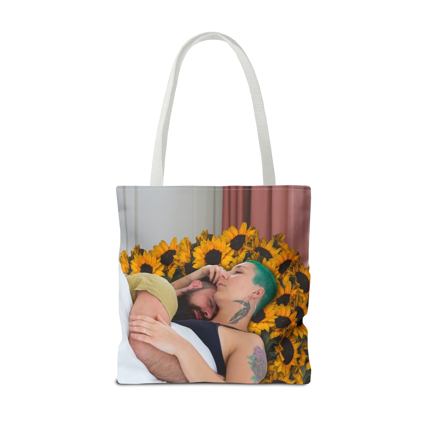 Tranquil Sunflowers Around Cuddling Couple Tote Bag Surreal Art - Loving Design "Sunflowers In Your Room"
